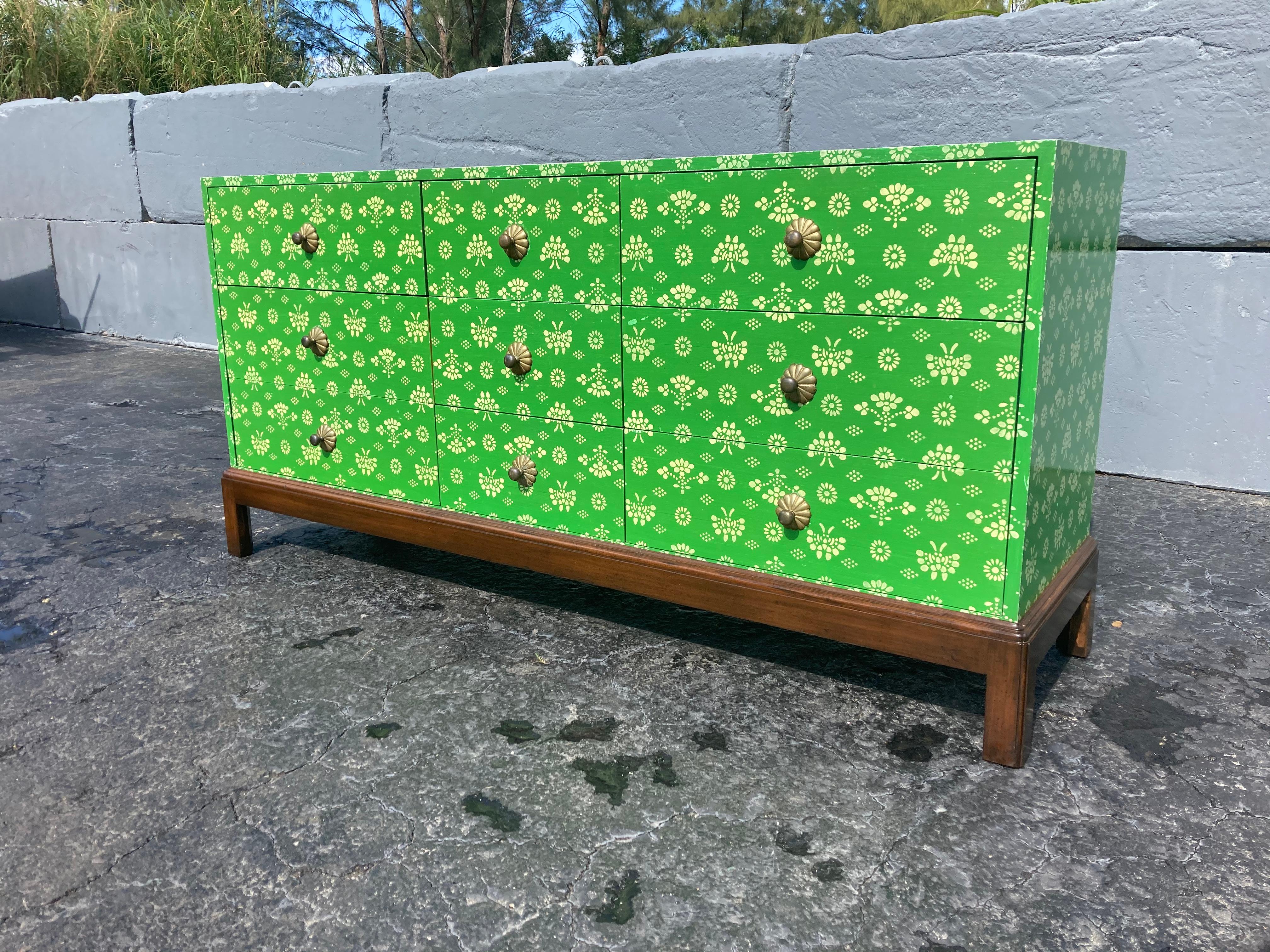Late 20th Century Decorative Dresser, Hand Painted, Brass, Cabinet, Hollywood Regency, Green For Sale
