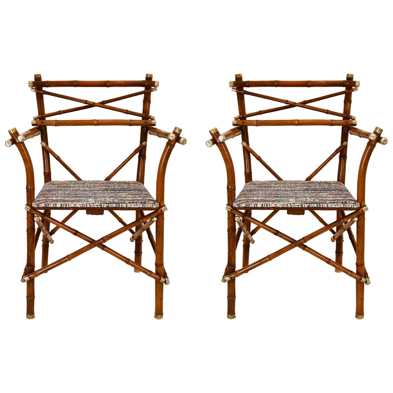 Decorative Early 20th Century Bamboo Pair of Armchair, Upholstery, Austria 1910s