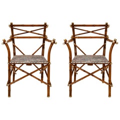 Antique Decorative Early 20th Century Bamboo Pair of Armchair, Upholstery, Austria 1910s