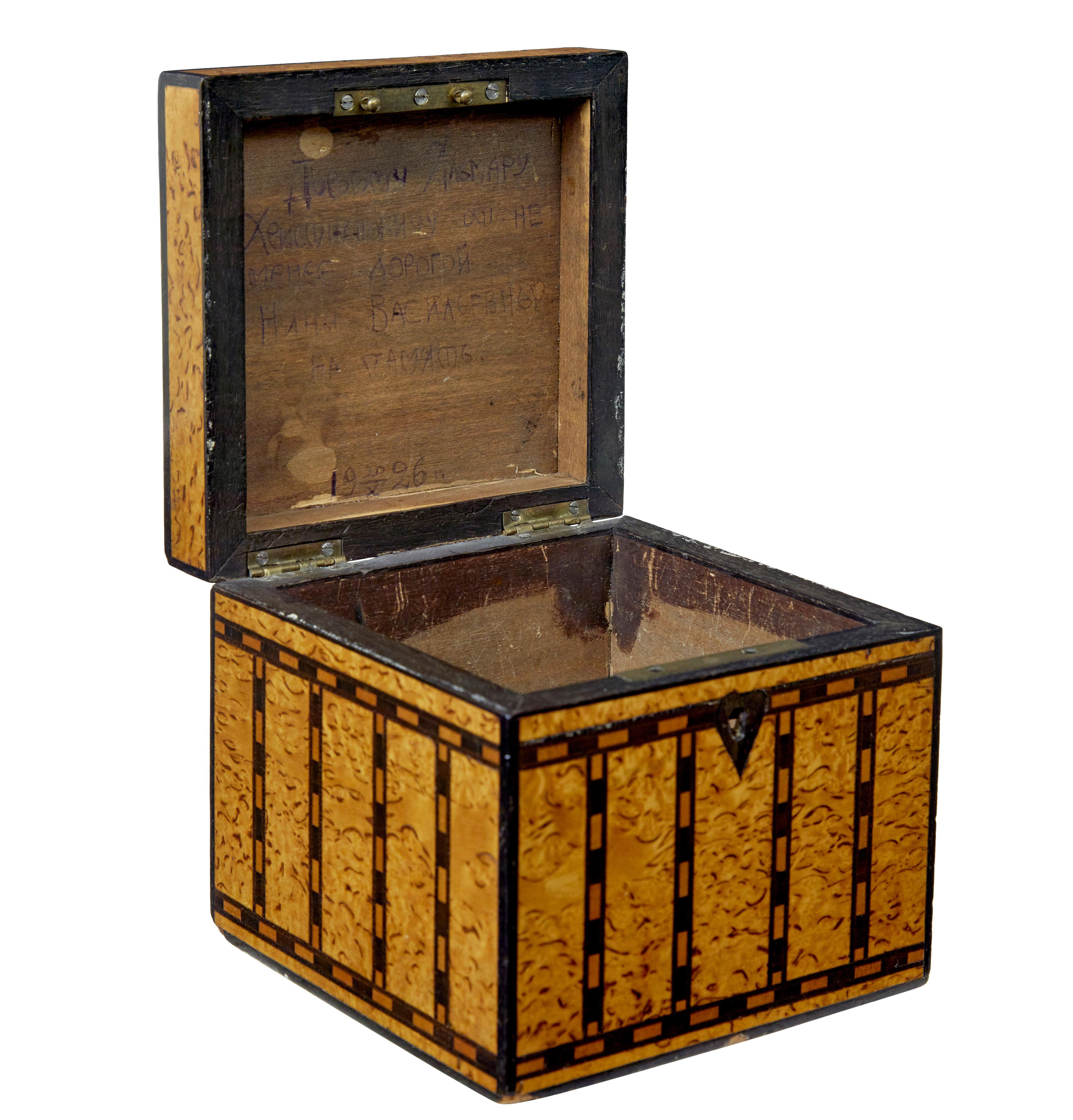 Decorative early 20th century burr birch inlaid box circa 1926.

We are pleased to offer this Russian desktop box made in burr birch with ebonised stringing and inlay.

A near square box with hinged lid, inscribed and dated on the inside of the