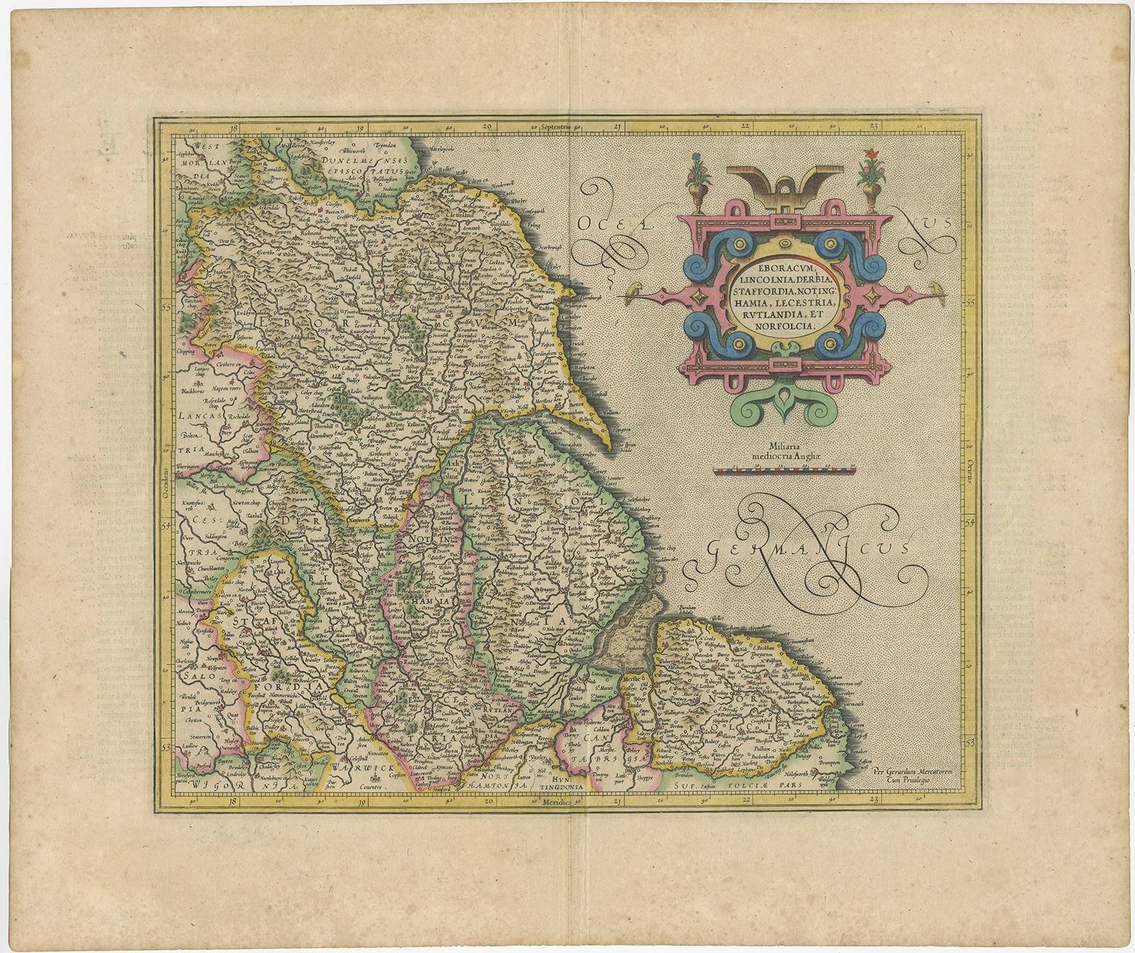 Antique map titled 'Eboracum, Lincolnia, Derbia, Staffordia, Notinghamia, Lecestria, Rutlandia et Norfolcia'. 

Decorative early map of the northeast of England, comprising the counties of Yorkshire, Lincolnshire, Derbyshire, Staffordshire,