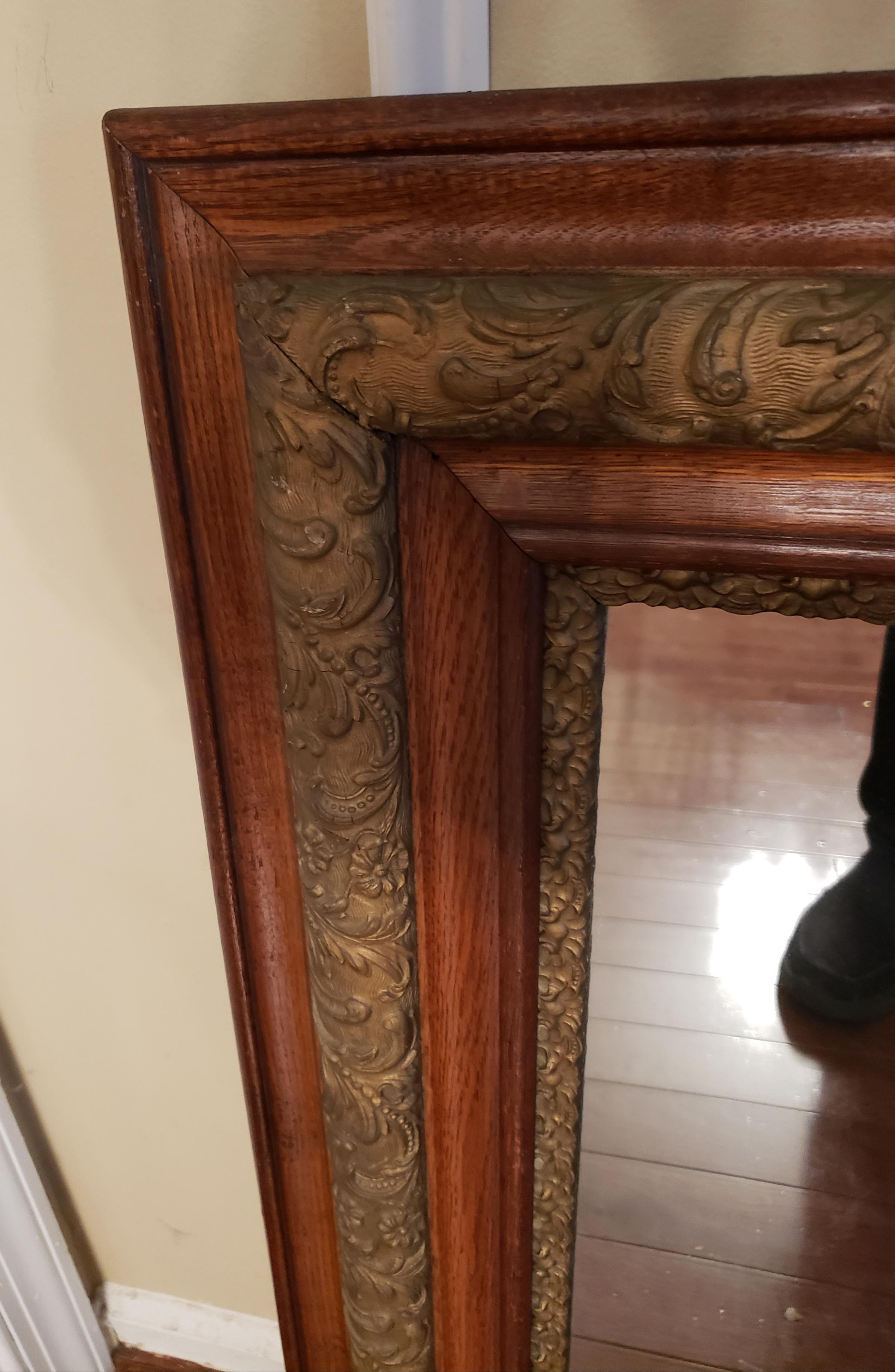 Hand-Crafted Decorative Eastlake Solid Oak and Giltwood Work Double Frame Mirror, C. 1890s