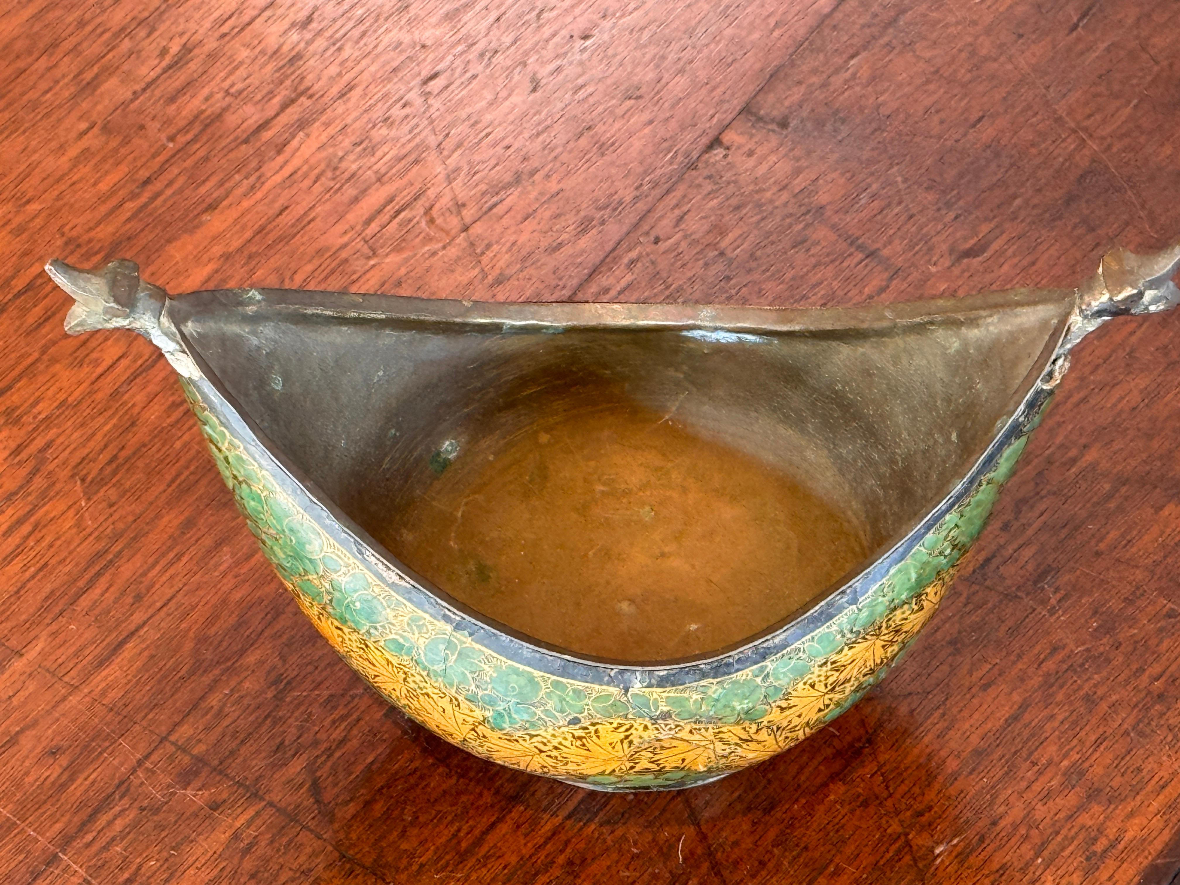 French Decorative Enameled Metal Bowl With Stylized Animal Terminals For Sale