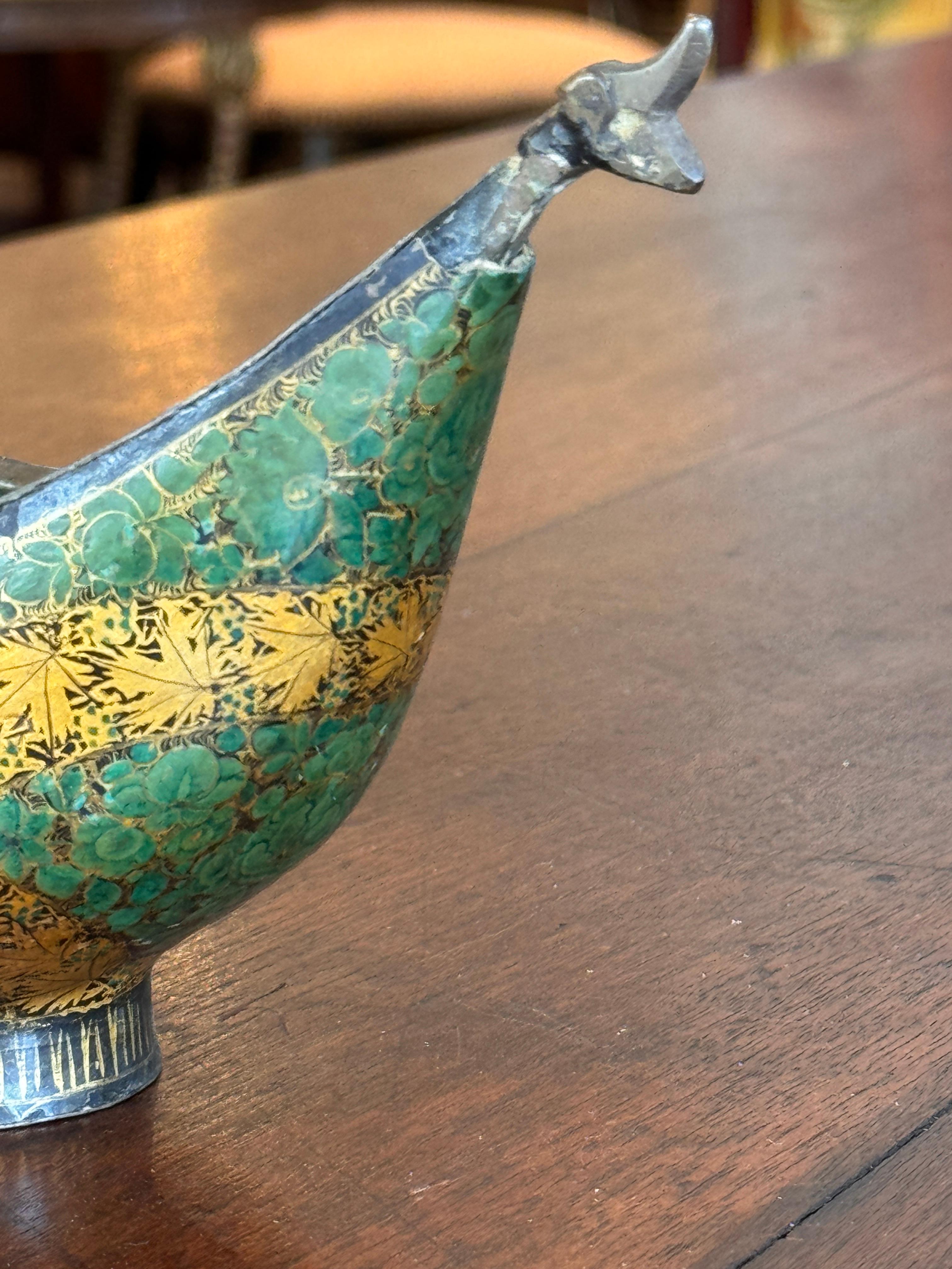 Mid-20th Century Decorative Enameled Metal Bowl With Stylized Animal Terminals For Sale