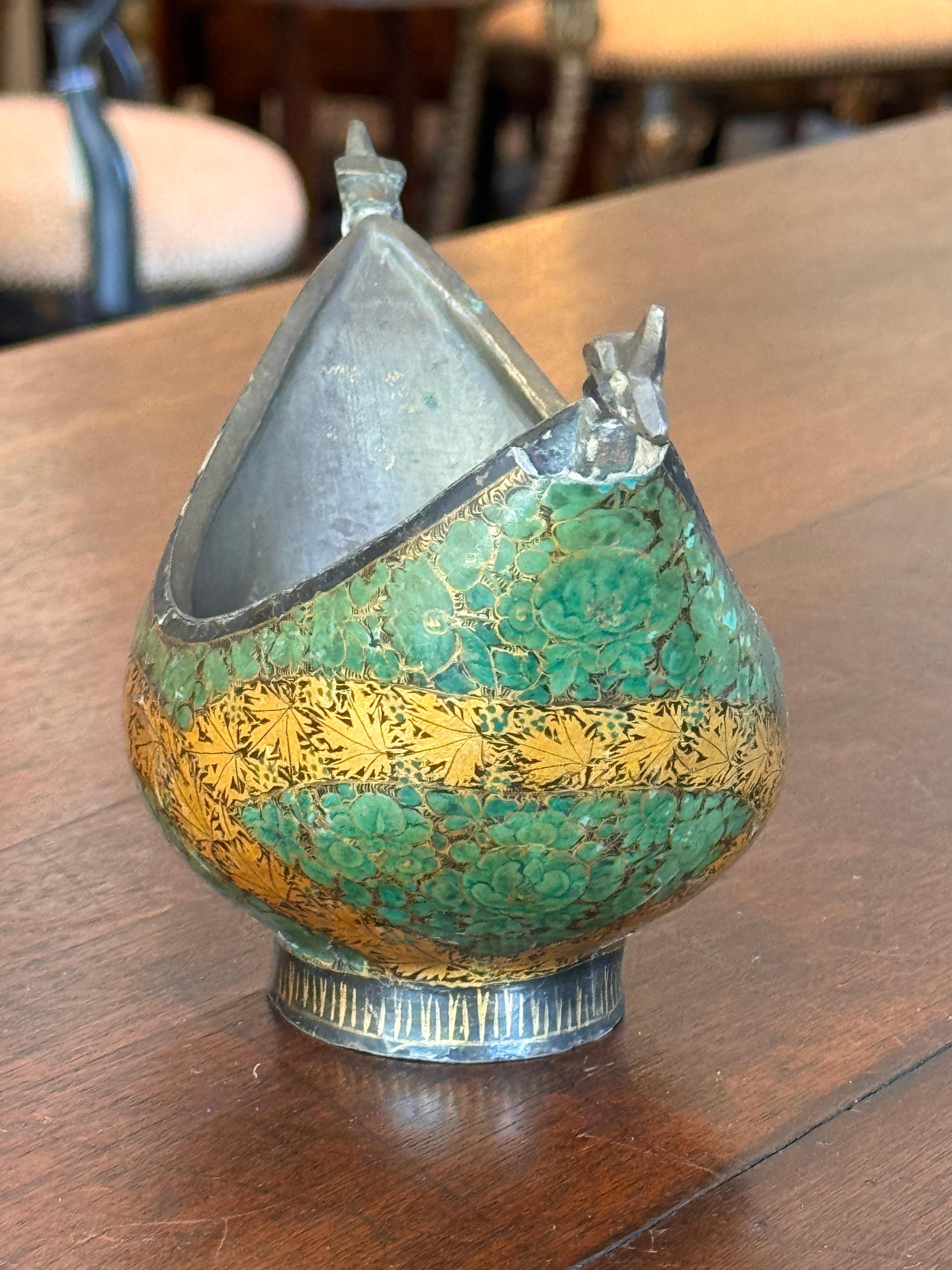 Decorative Enameled Metal Bowl With Stylized Animal Terminals For Sale 1