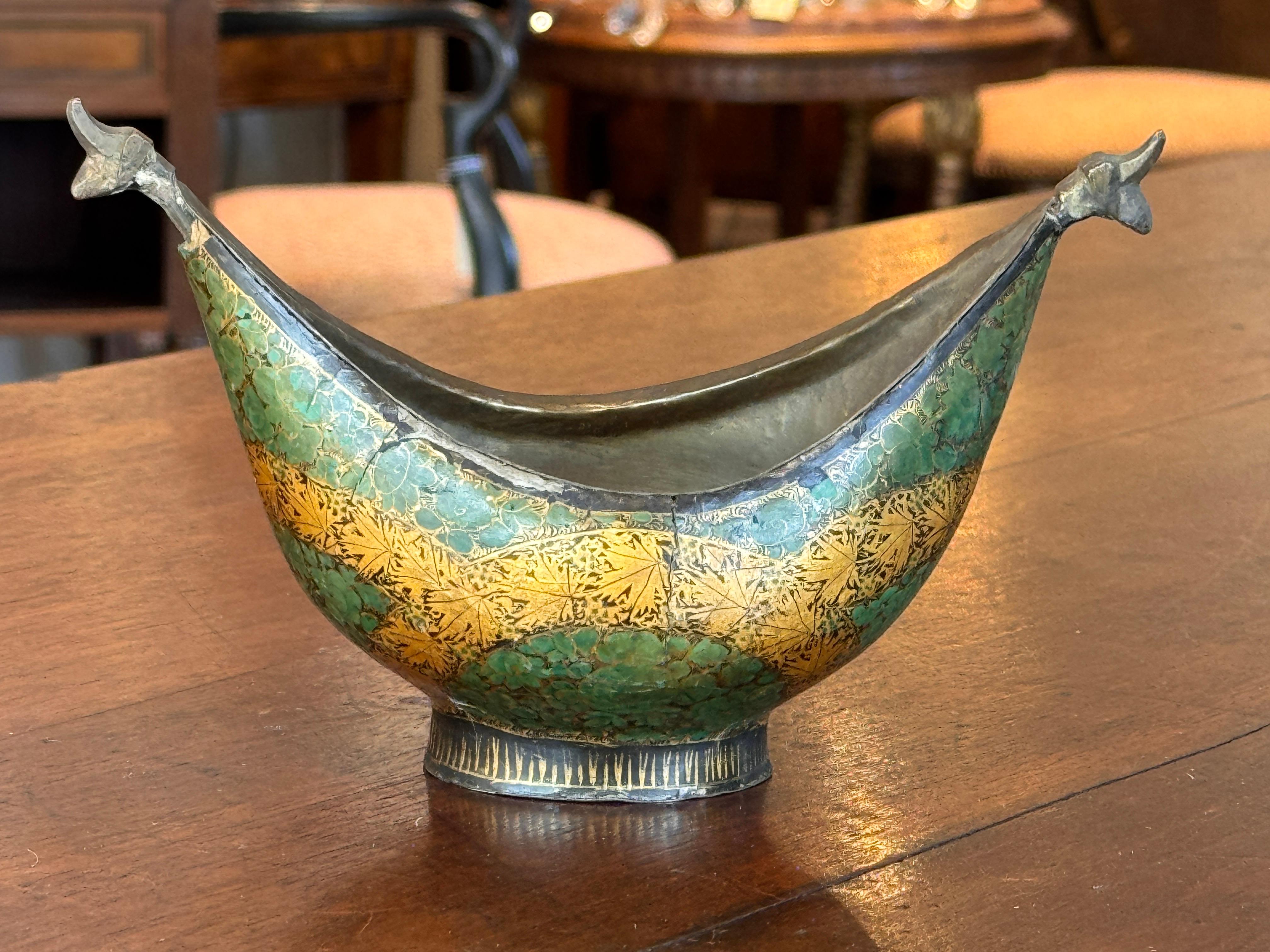 Decorative Enameled Metal Bowl With Stylized Animal Terminals For Sale 2