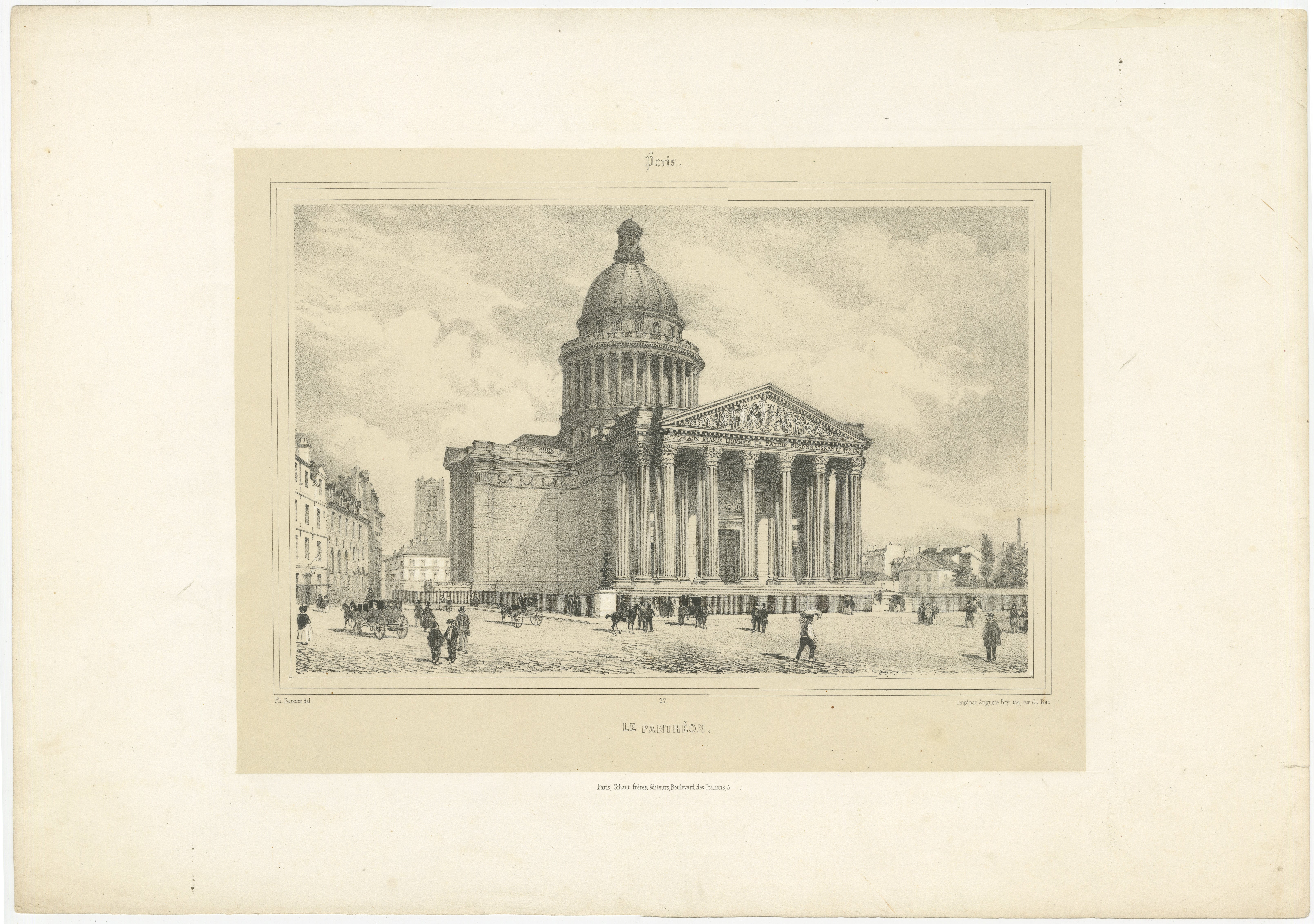 The image is an engraving of the Panthéon in Paris, created by Auguste Bry (1805–1880) and Philippe Benoist (1813–). 

The Panthéon originally served as a church dedicated to St. Genevieve but now functions as a mausoleum containing the remains of