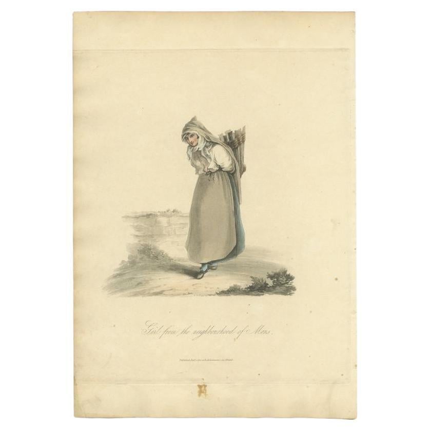 Antique costume print titled 'Girl from the neighbourhood of Mons'. Old costume print depicting a Girl from the neighbourhood of Mons, Bergen, Belgium. This print originates from 'The Costume of the Netherlands displayed in thirty coloured
