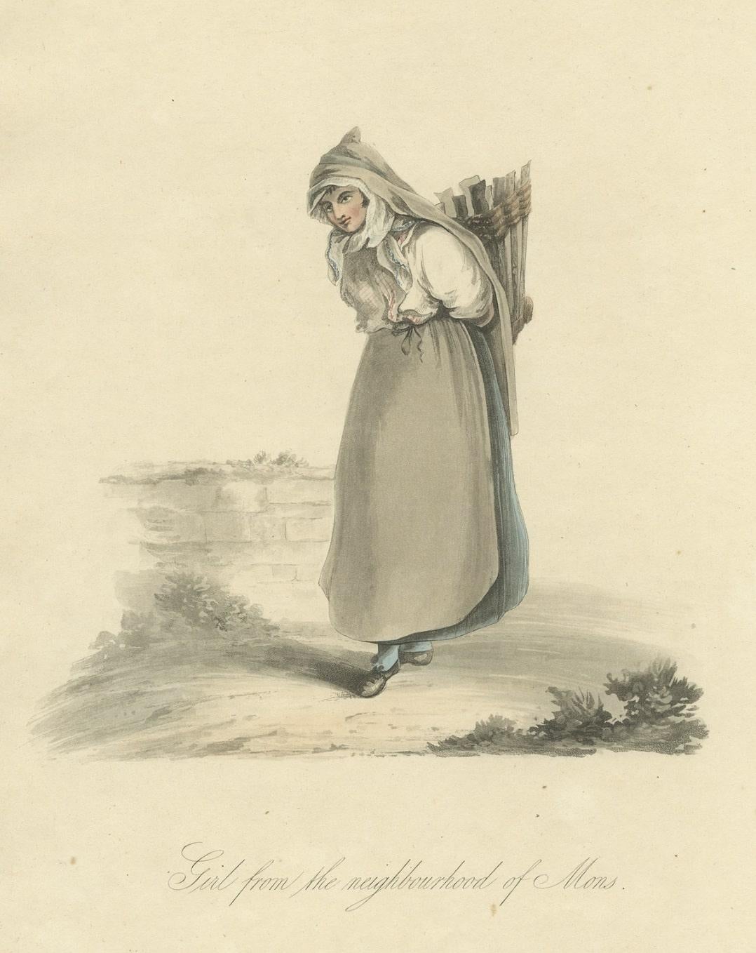 19th Century Decorative Engraving of a Girl from Mons or Bergen in Hainaut, Belgium, 1817 For Sale
