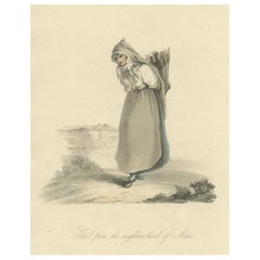 Incisione decorativa di una ragazza di Mons o Bergen nell'Hainaut, Belgio, 1817