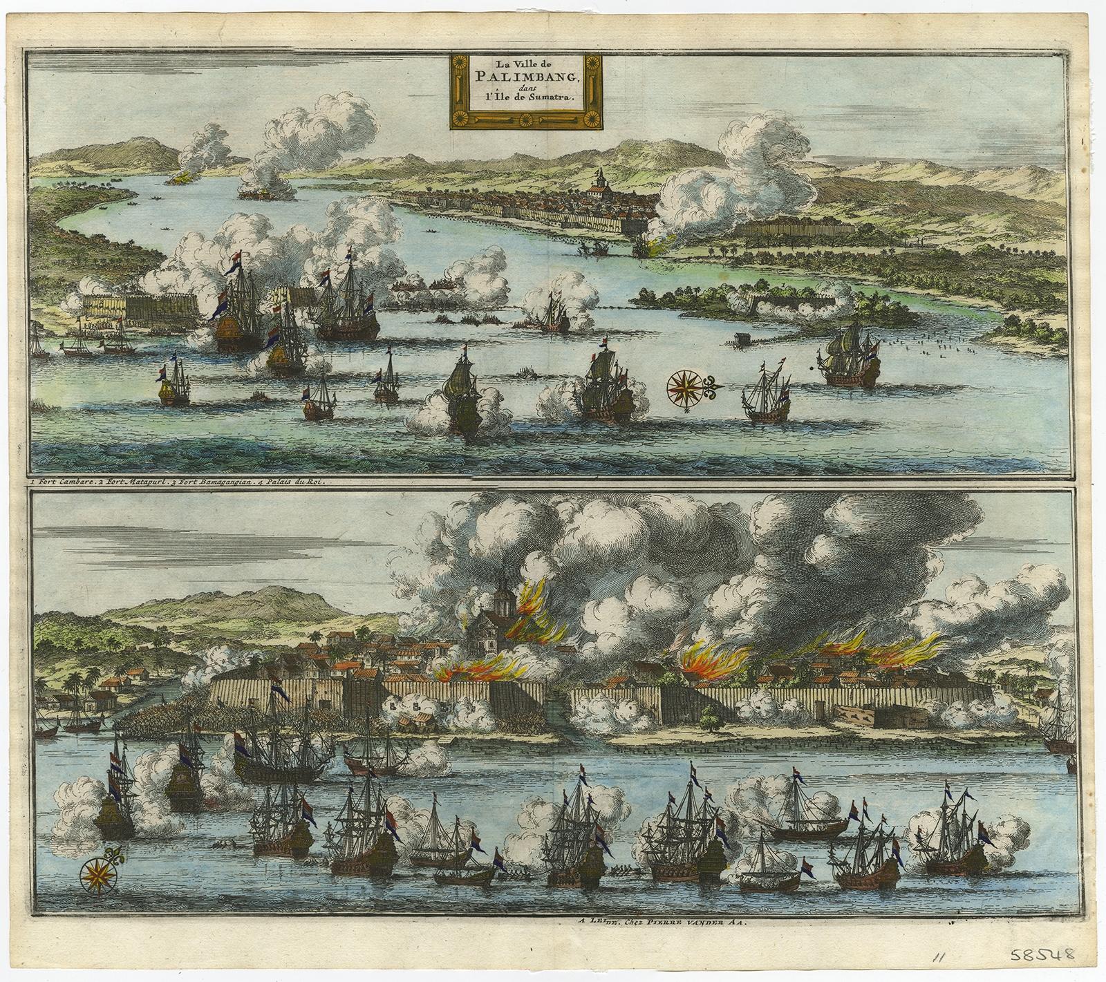Antique print titled 'La Ville de Palimbang dans L’Ile de Sumatra.' 

A very decorative, impressive engraving of Palembang in Sumatra. Two views on one sheet. In the upper part the overall view with a sea battle in the foreground. Below the