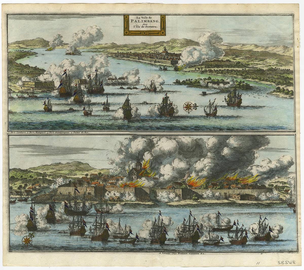 Decorative Engraving of VOC Battle Ships Attacking Palembang in Sumatra, ca.1700