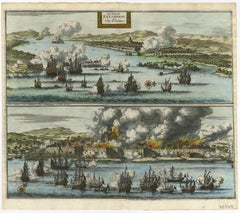 Decorative Engraving of VOC Battle Ships Attacking Palembang in Sumatra, ca.1700