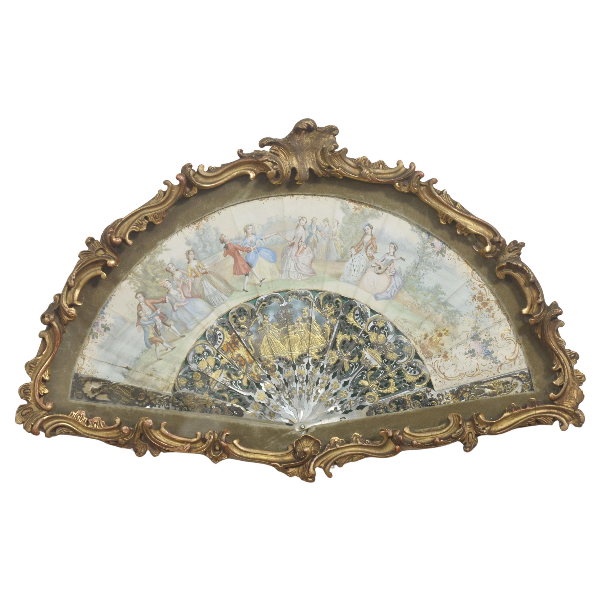 Decorative European Fan in Carved and Gilt Frame