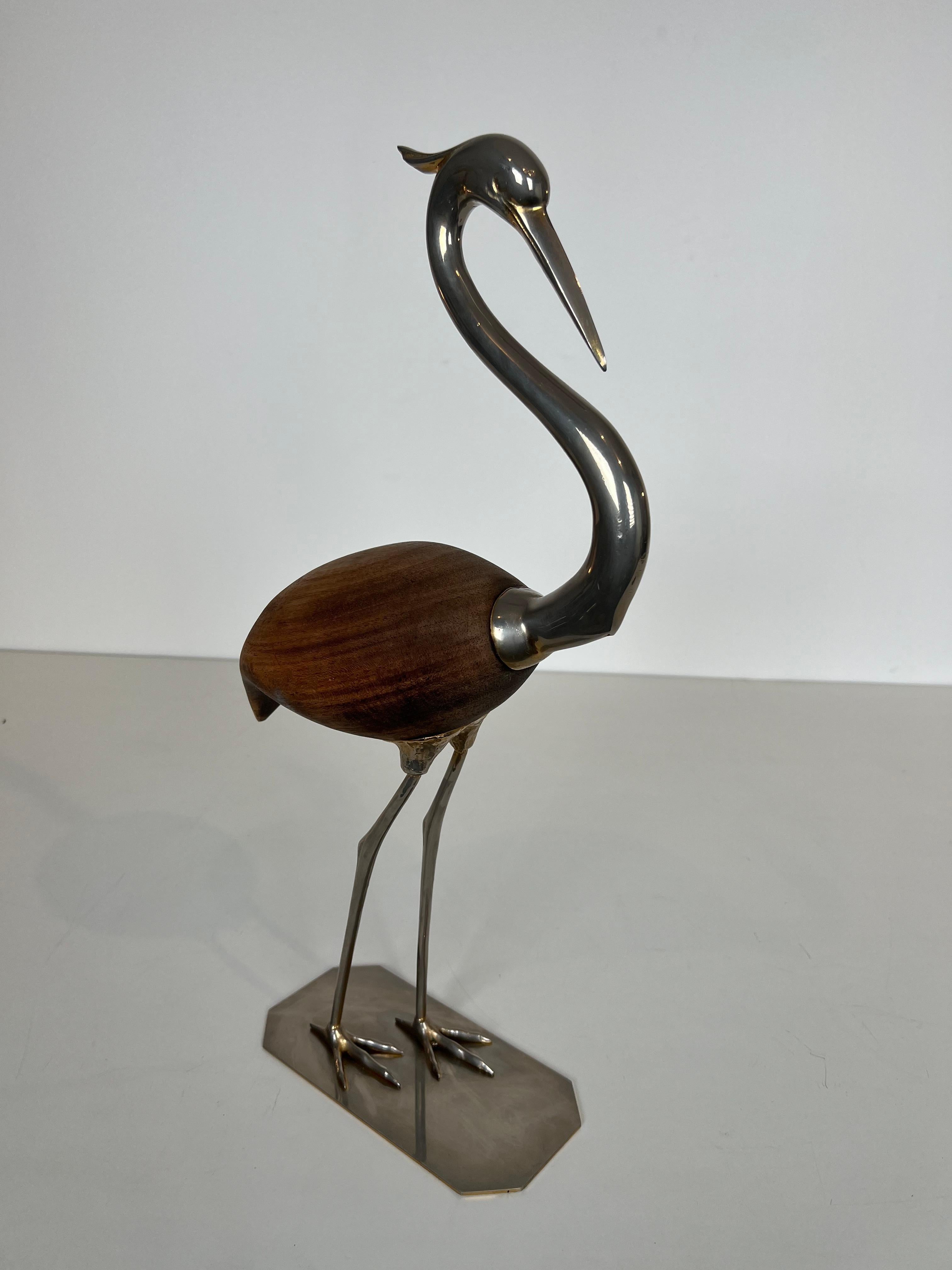 Mid-Century Modern Decorative Exotic Wood and Nickel Bird For Sale