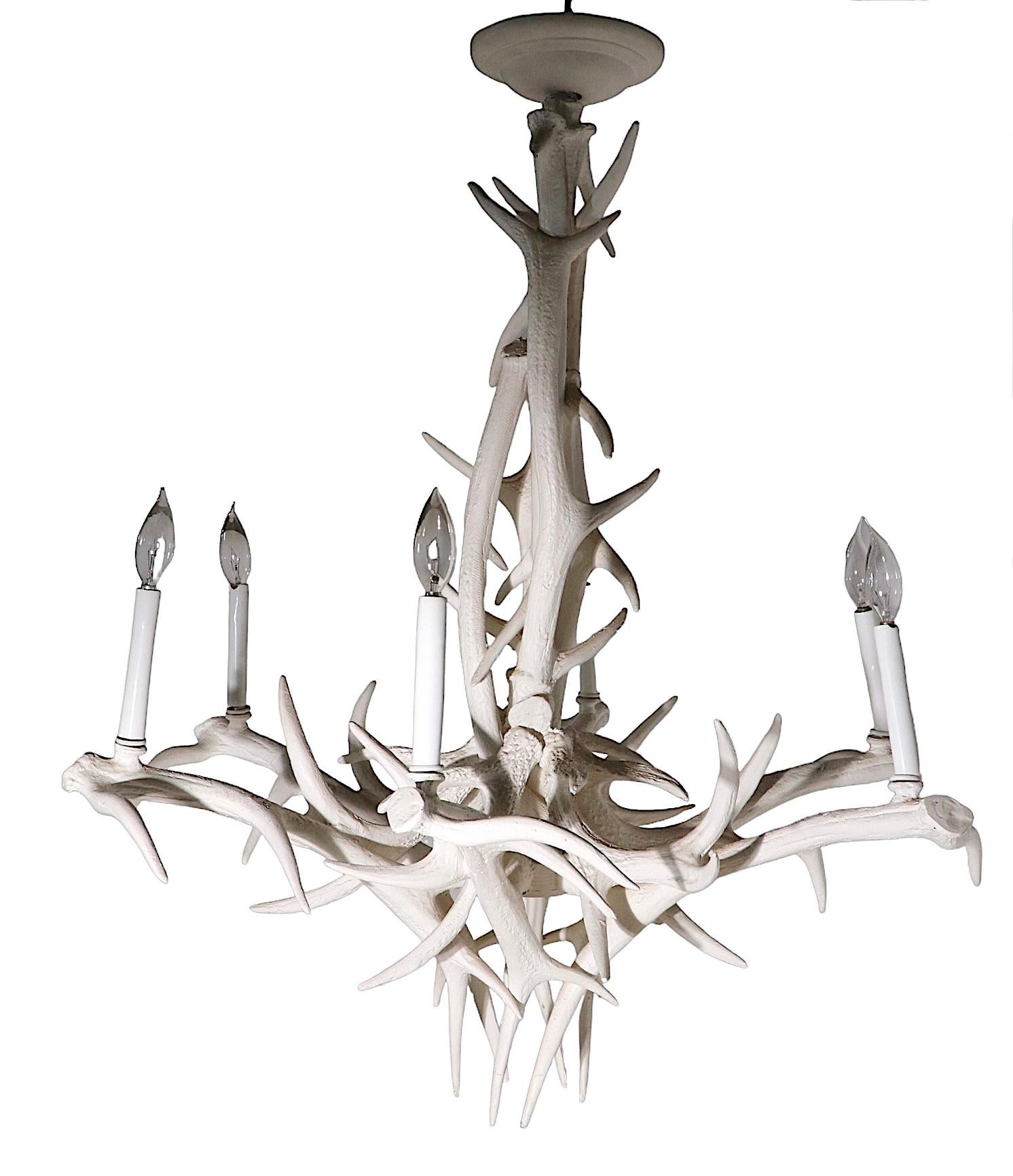 Hollywood Regency Decorative Faux Antler Chandelier of Cast Aluminum in White Paint Finish For Sale