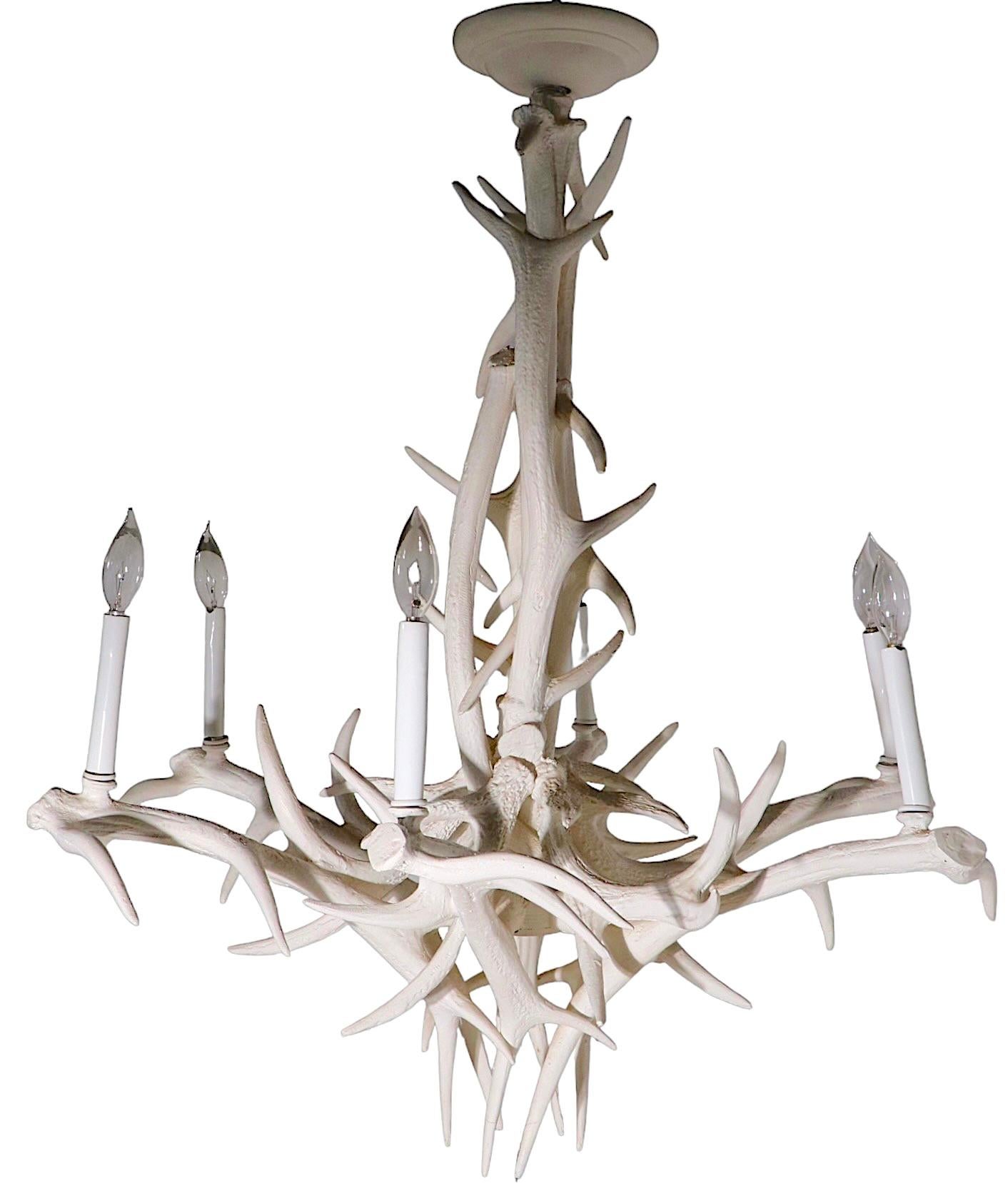 American Decorative Faux Antler Chandelier of Cast Aluminum in White Paint Finish For Sale