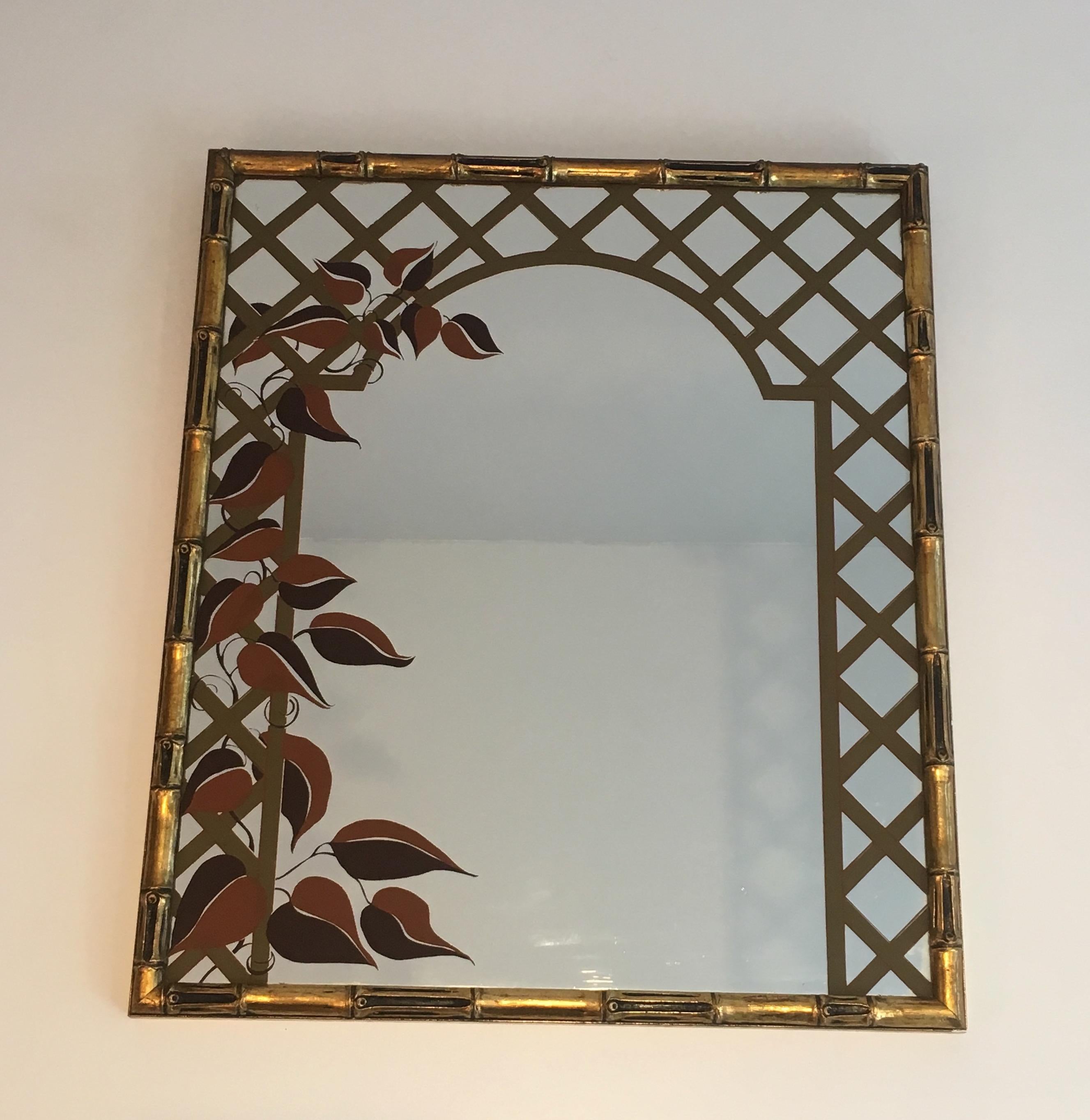 Decorative Faux-Bamboo Gilt Wood Mirror with Printed Floral Decor, Circa 1970 For Sale 4