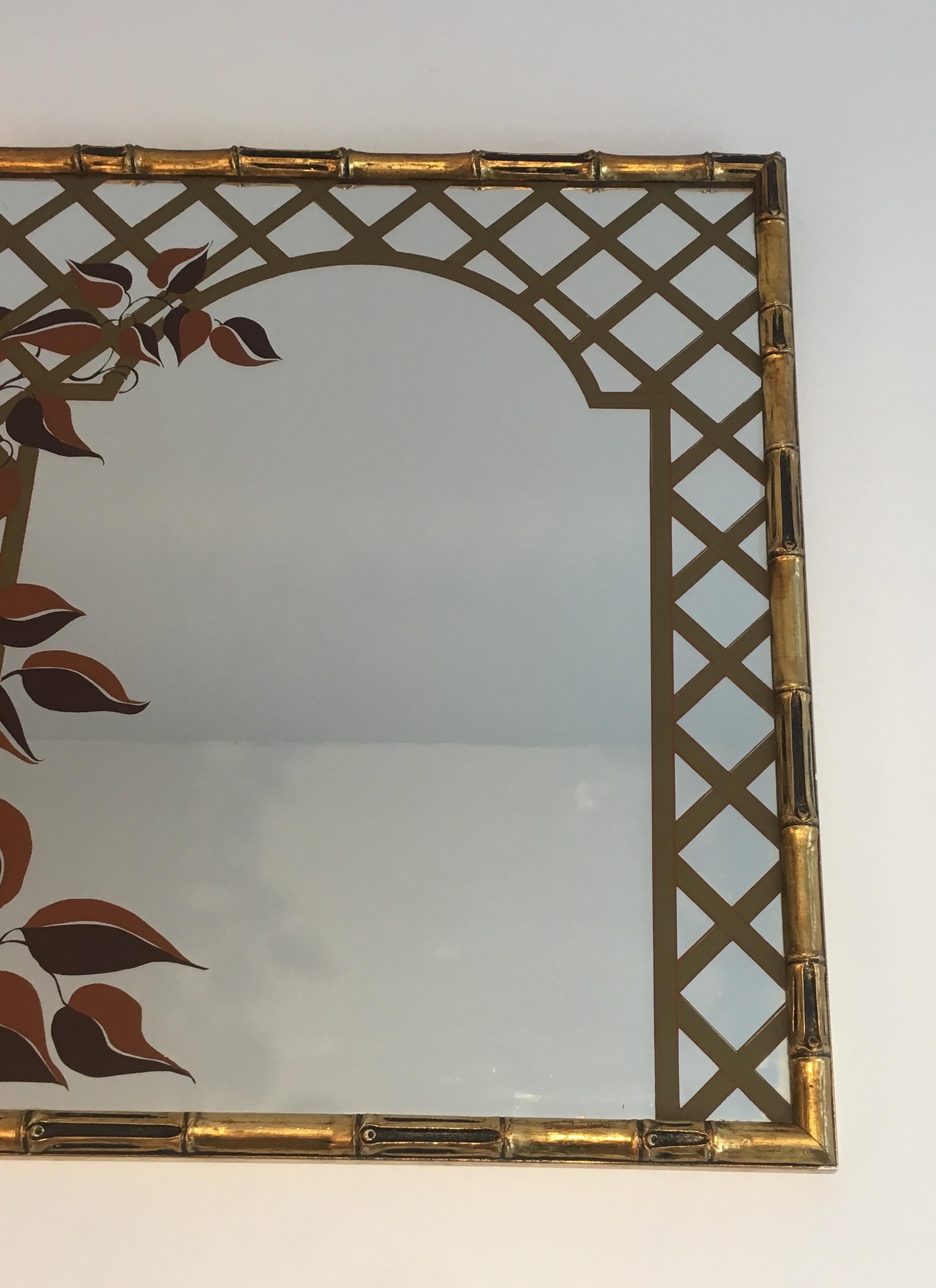 Decorative Faux-Bamboo Giltwood Mirror with Printed Floral Decor, circa 1970 4