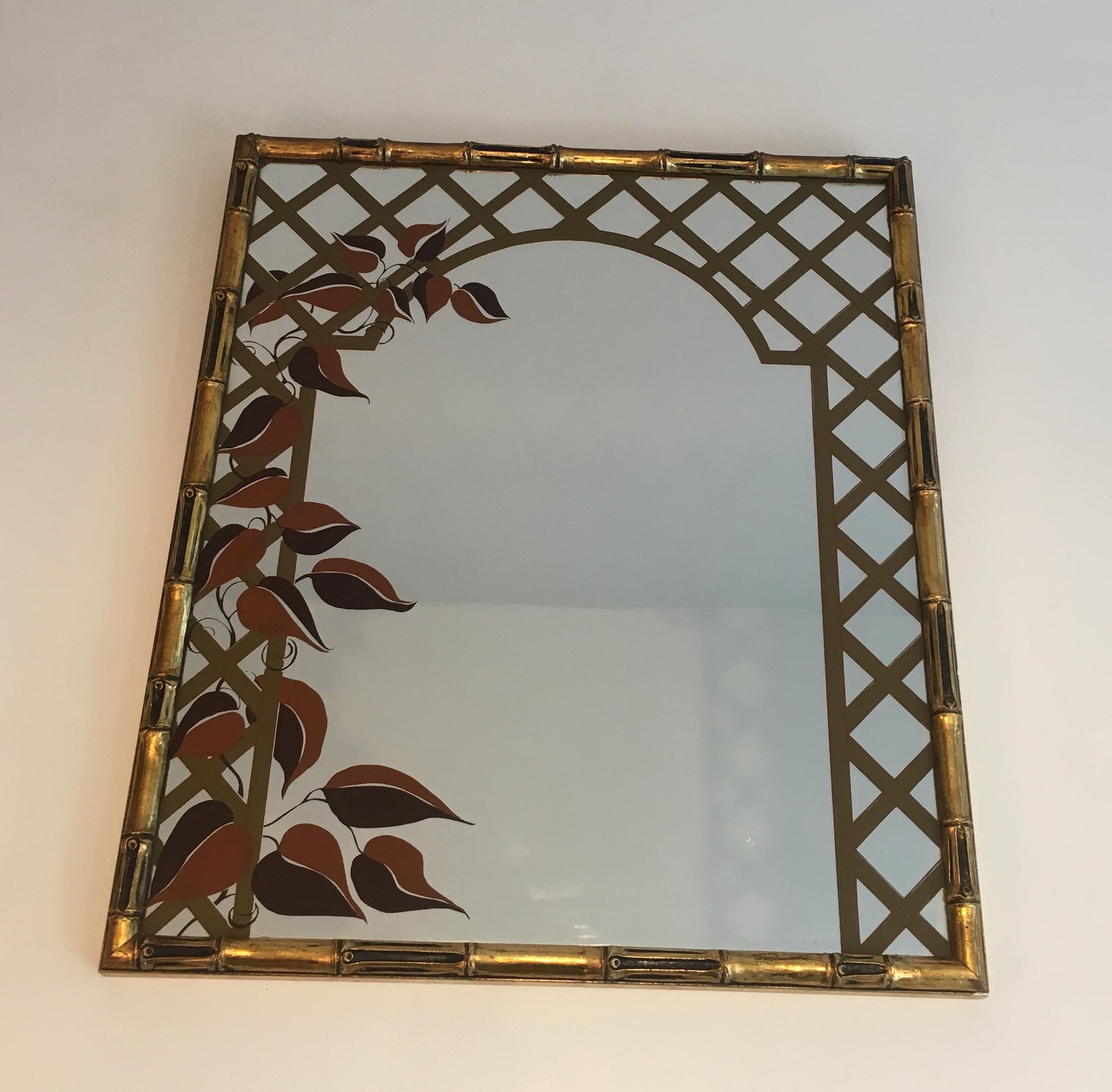 Decorative Faux-Bamboo Giltwood Mirror with Printed Floral Decor, circa 1970 5