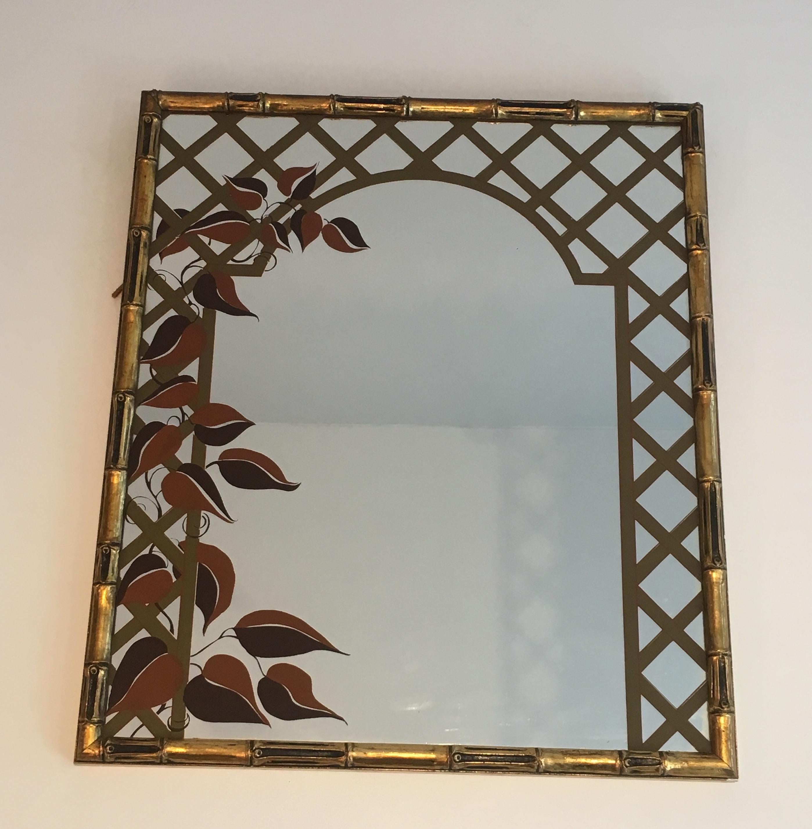 Decorative Faux-Bamboo Gilt Wood Mirror with Printed Floral Decor, Circa 1970 For Sale 8