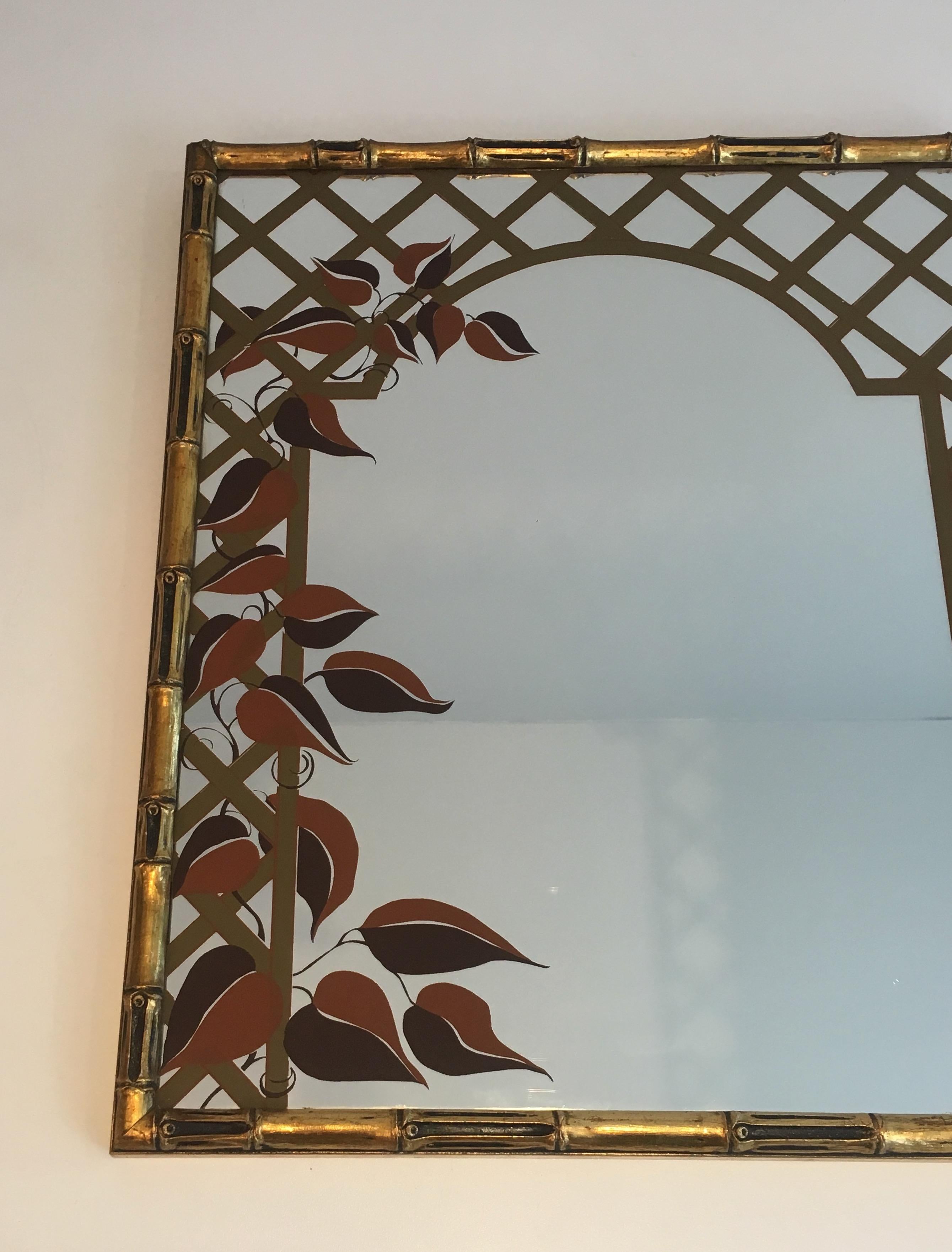 Mid-Century Modern Decorative Faux-Bamboo Gilt Wood Mirror with Printed Floral Decor, Circa 1970 For Sale