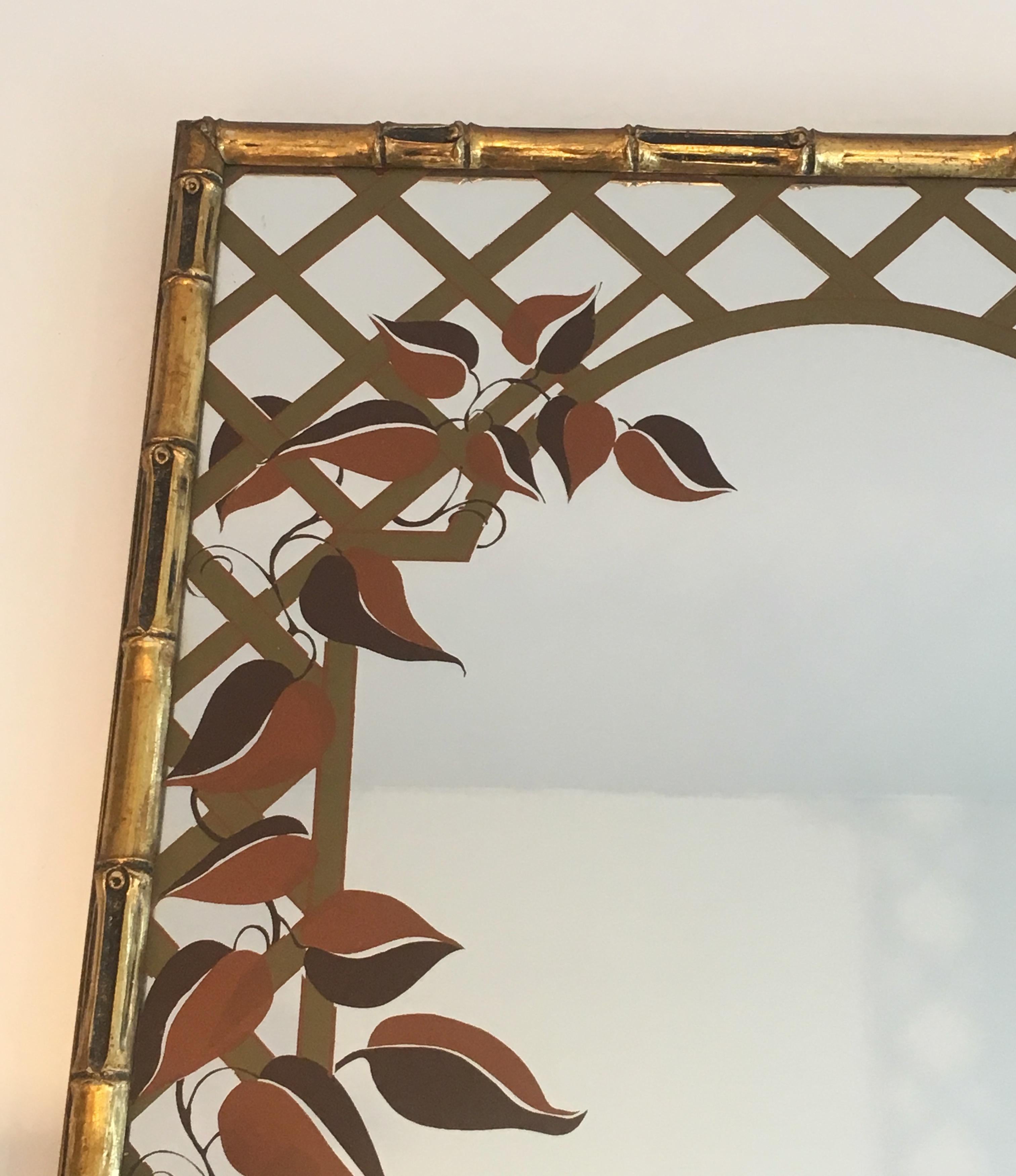 French Decorative Faux-Bamboo Gilt Wood Mirror with Printed Floral Decor, Circa 1970 For Sale