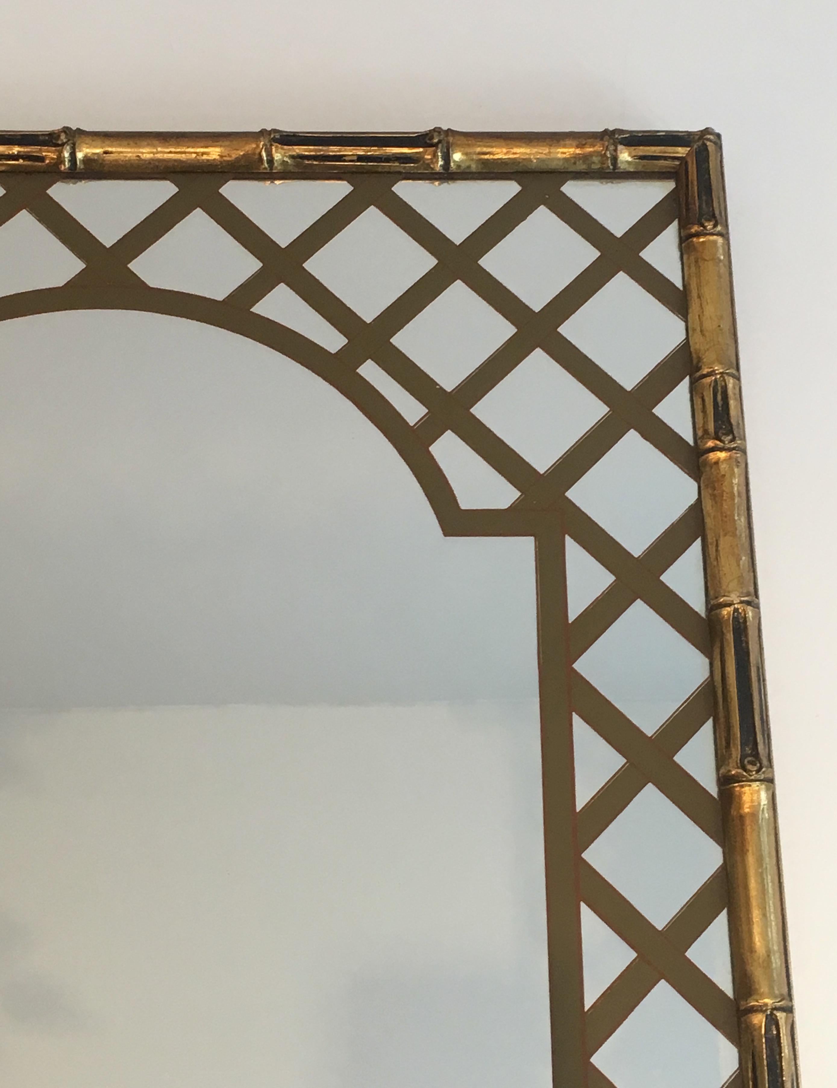 Mid-Century Modern Decorative Faux-Bamboo Giltwood Mirror with Printed Floral Decor, circa 1970
