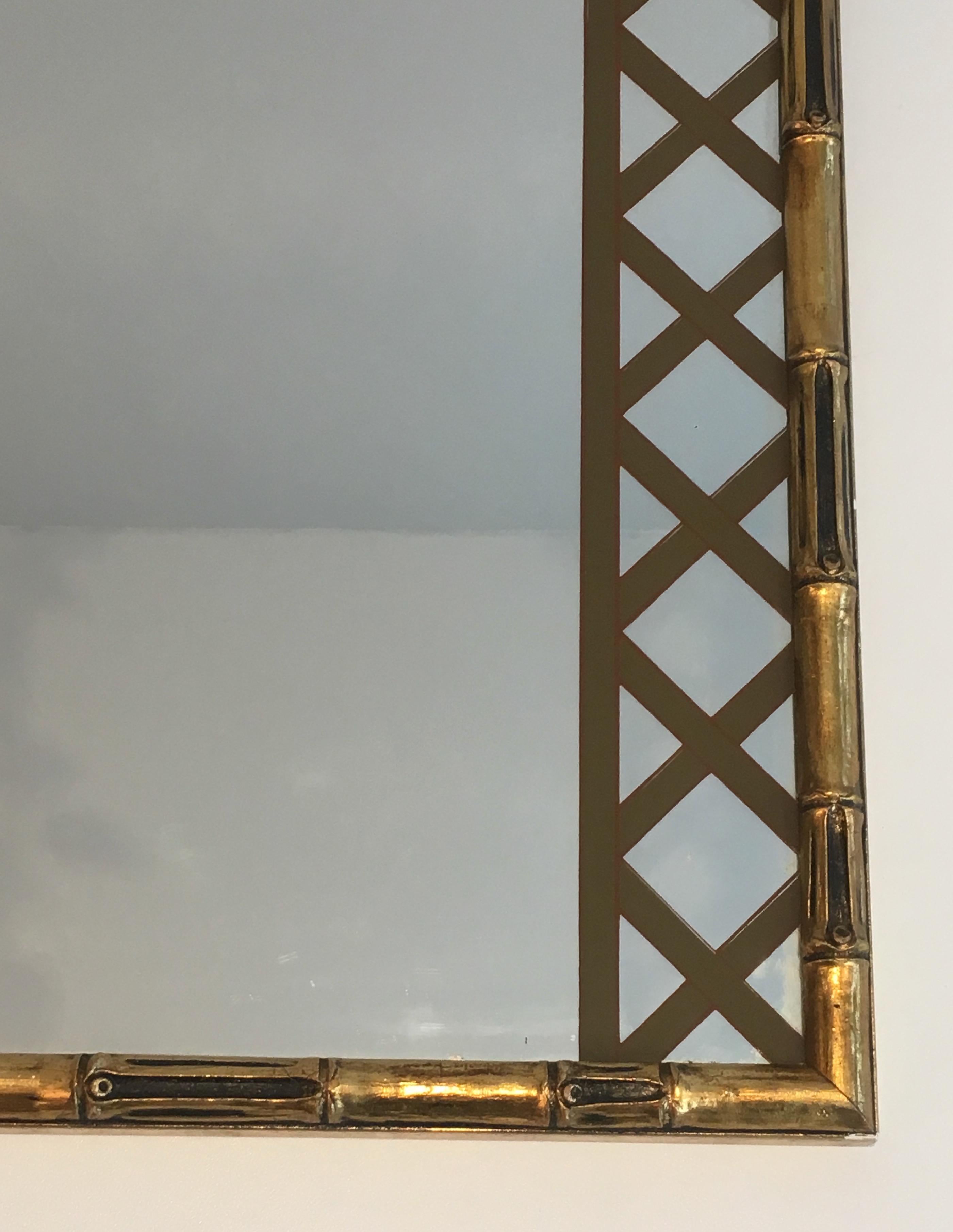 Decorative Faux-Bamboo Gilt Wood Mirror with Printed Floral Decor, Circa 1970 For Sale 2