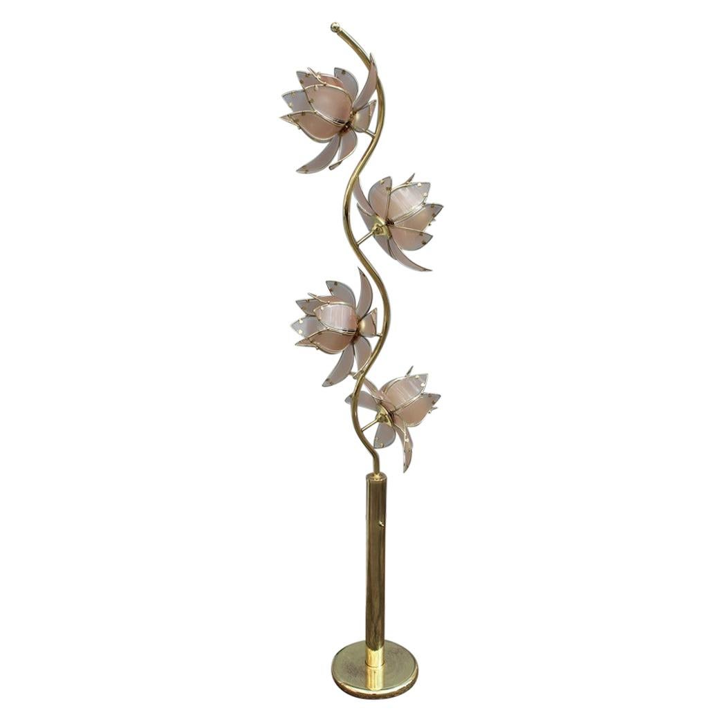 Decorative Floor Lamp Lotus Flower Italian Design Gold Metal Crystal, 1970s