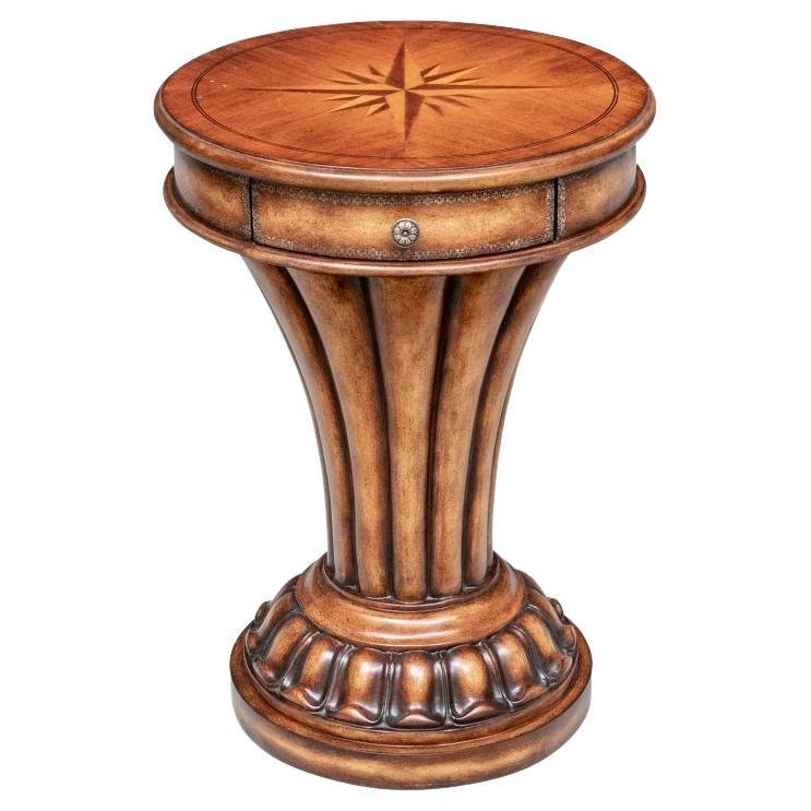 Decorative Fluted Pedestal Table with Inlaid Compass Motif Top