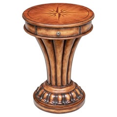 Decorative Fluted Pedestal Table with Inlaid Compass Motif Top
