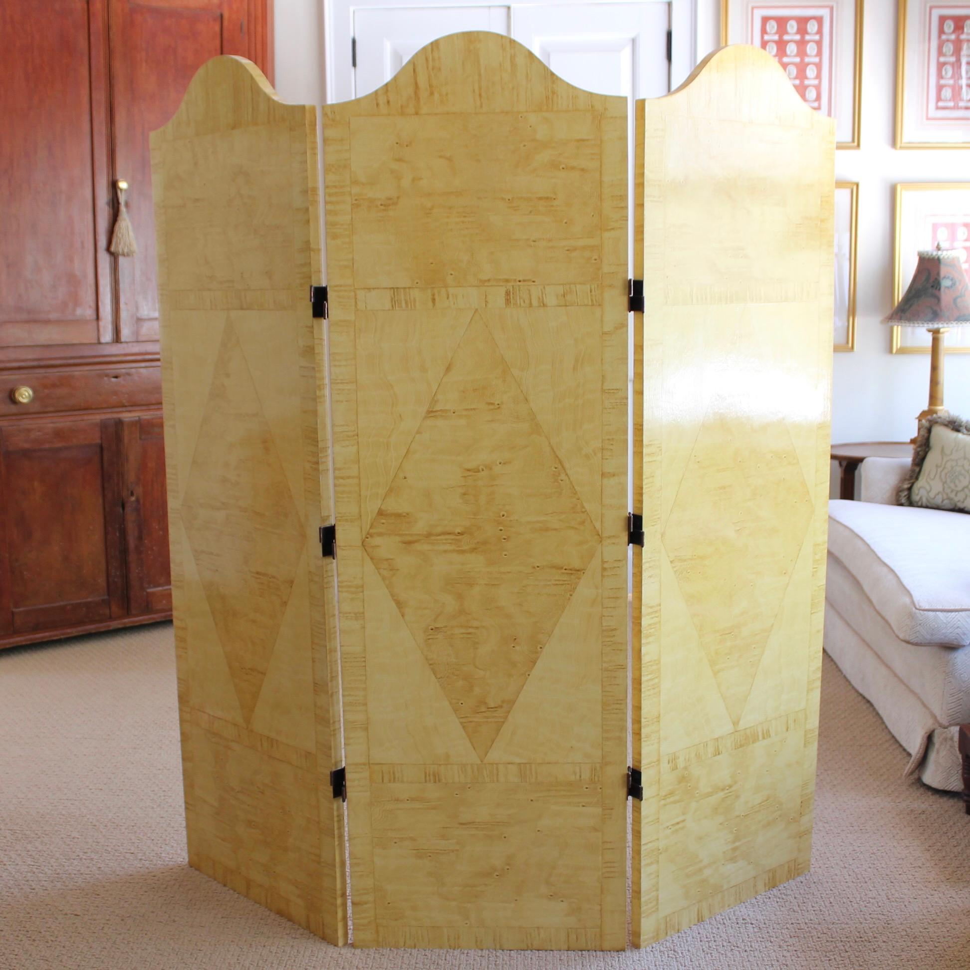 Regency Decorative Folding Screen, Faux Bird’s Eye Maple Wood Grained For Sale