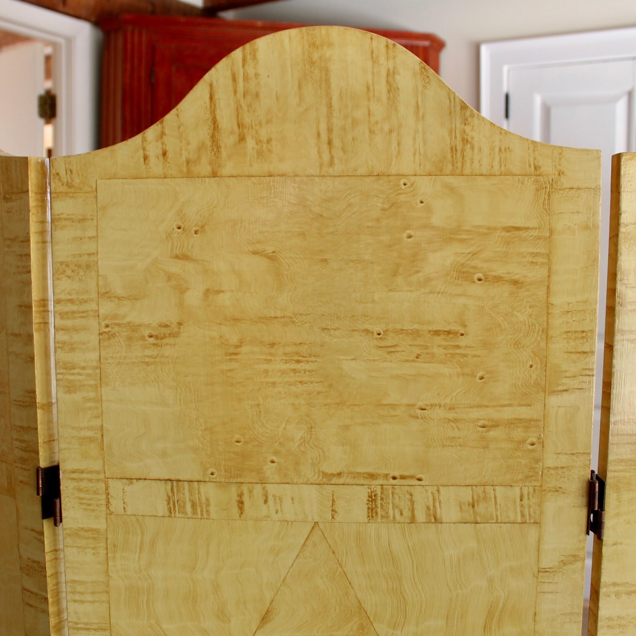Hardwood Decorative Folding Screen, Faux Bird’s Eye Maple Wood Grained For Sale