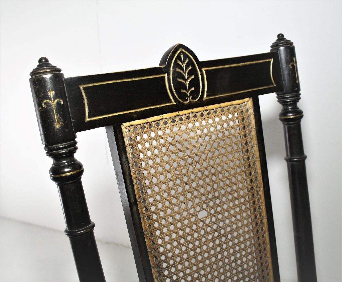 19th Century Decorative Folding Victorian Chair with Cane Seat Ebonised with Gilt detailing