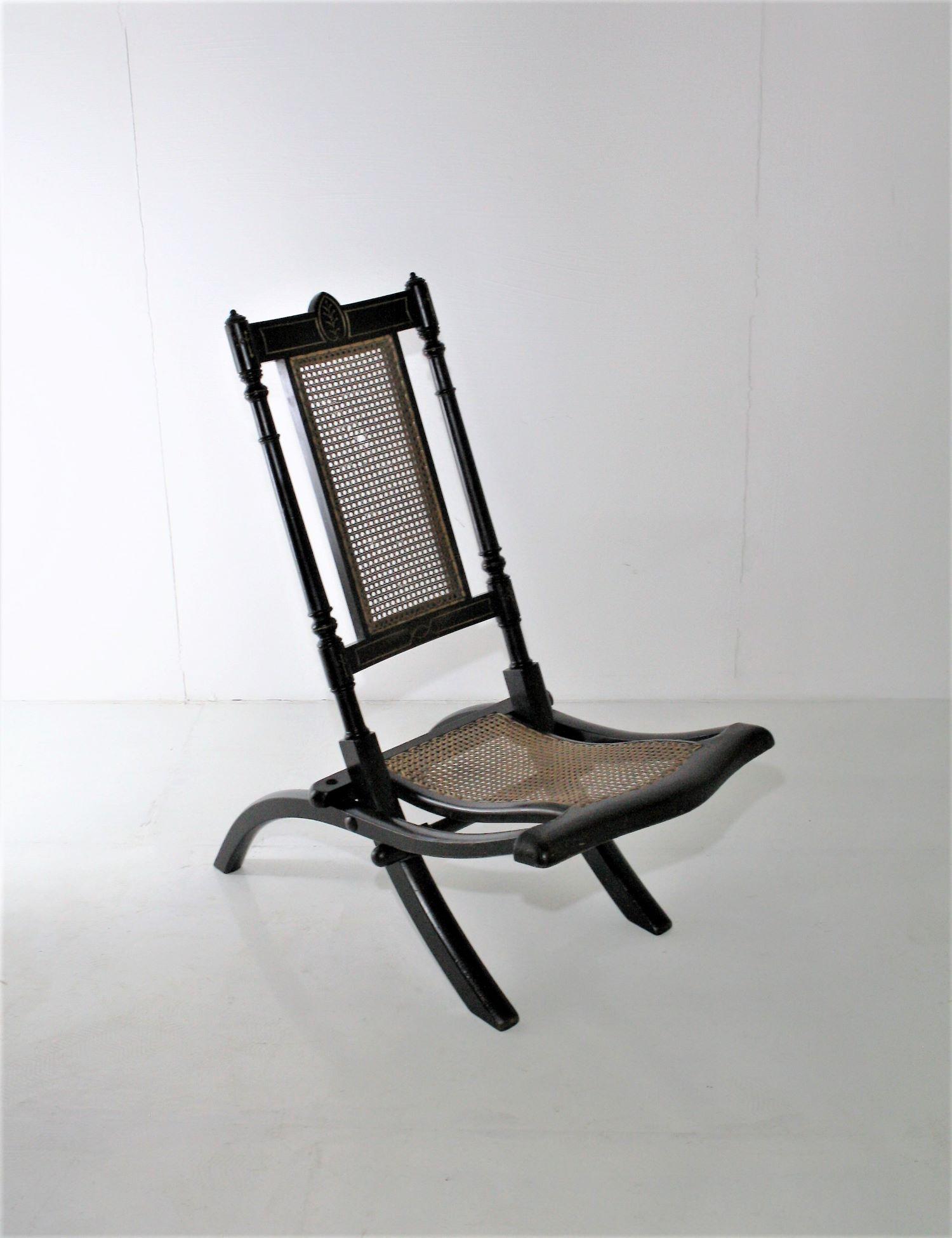 Decorative Folding Victorian Chair with Cane Seat Ebonised with Gilt detailing 2