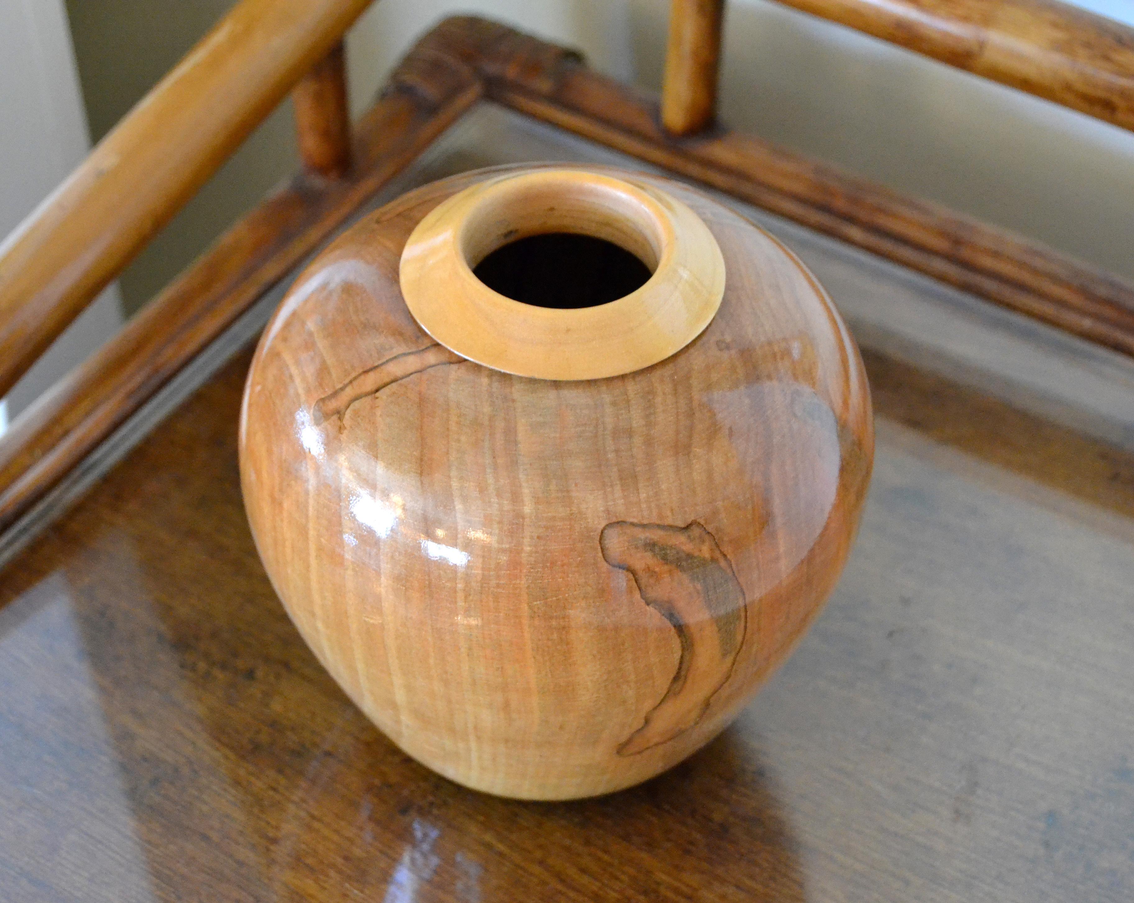American Decorative Folk Art Handcrafted Exotic Wood Lacquered Belly Flower Vase For Sale