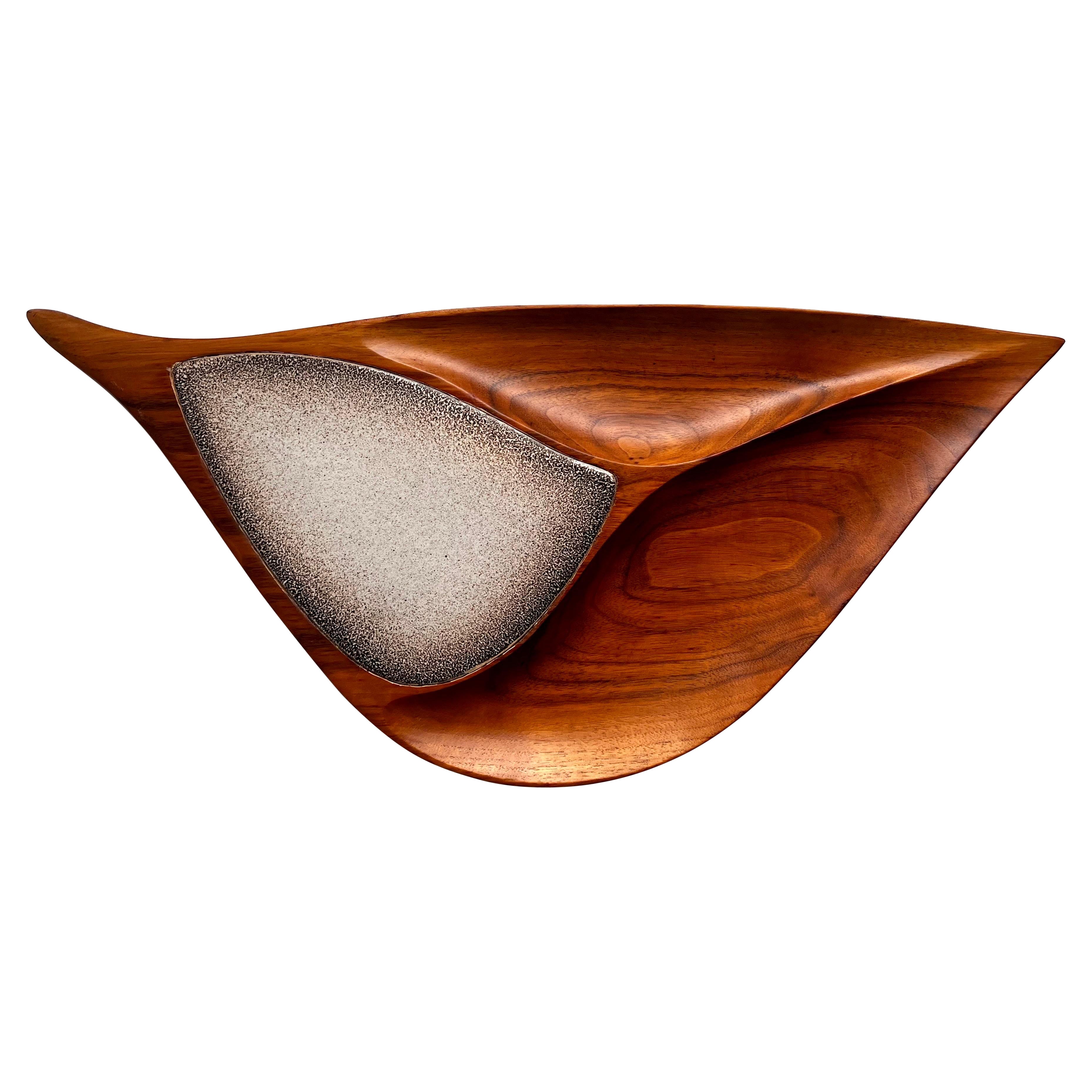 Decorative Freeform Walnut with Ceramic Inlay "Art" Vessel by Emil Milan, 1960
s