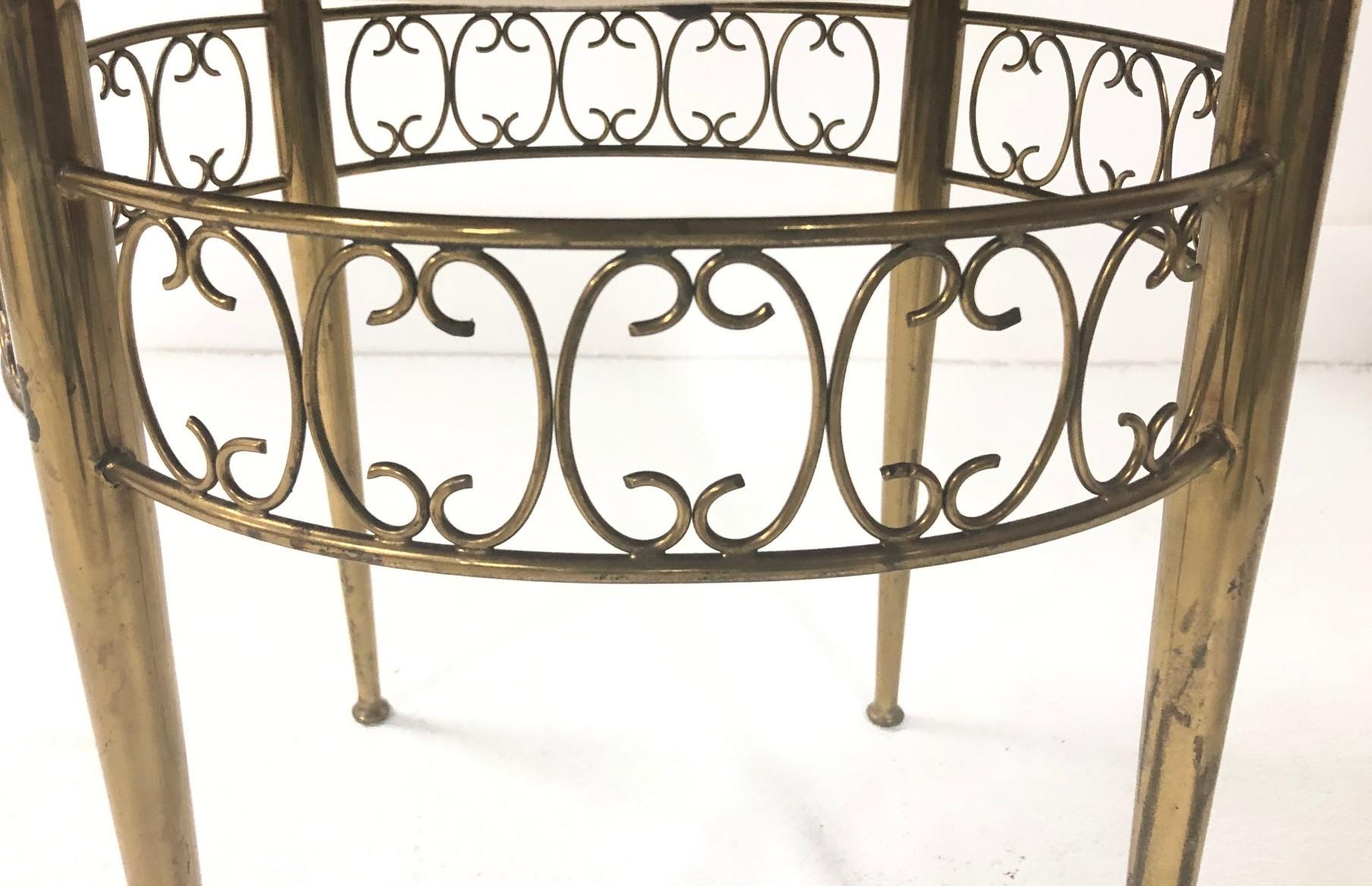 Decorative French bronze bench / stool with a linen-blend upholstered seat.