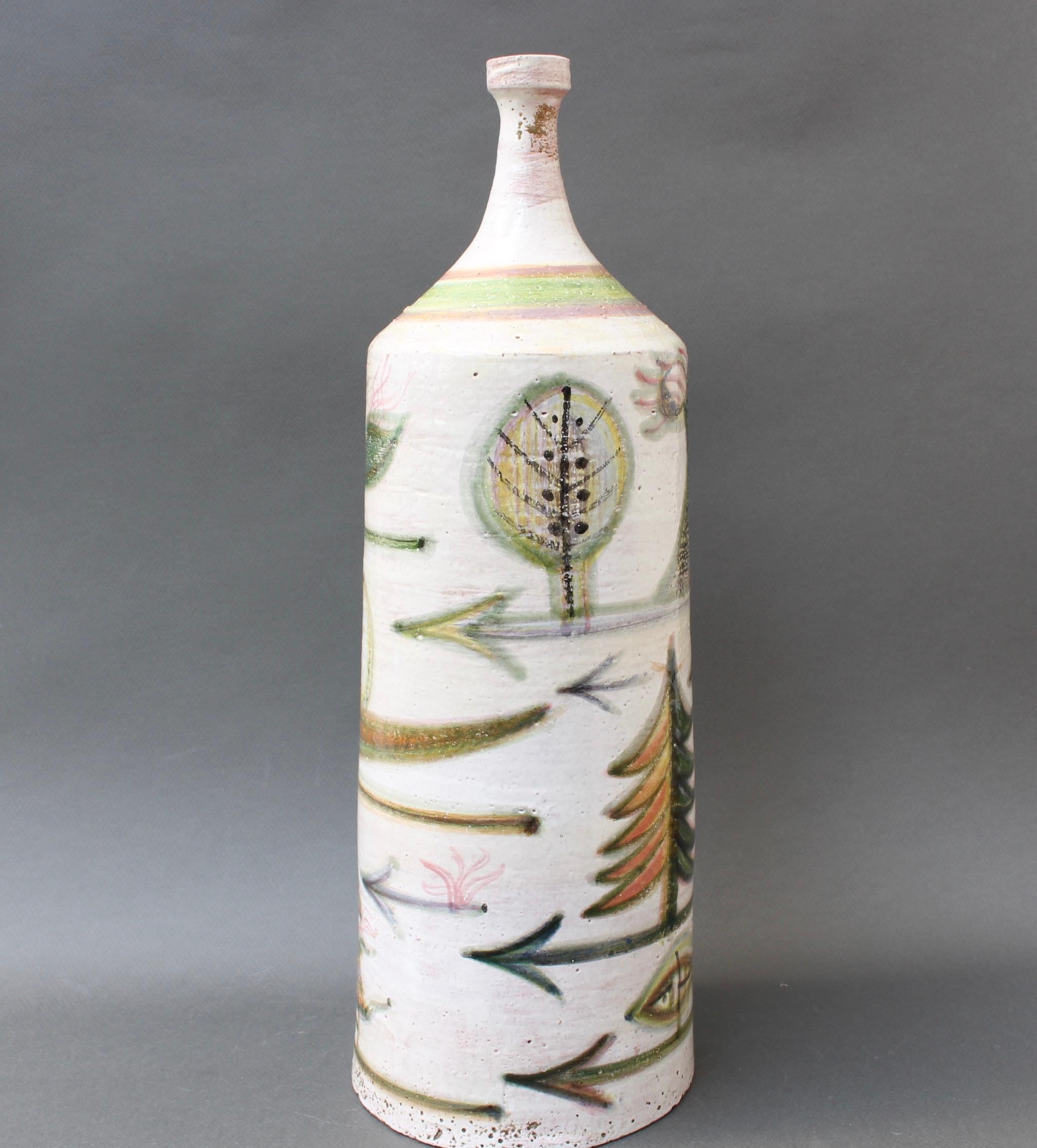 Hand-Painted Decorative French Ceramic Bottle-Shaped Vase by David Sol, circa 1950s