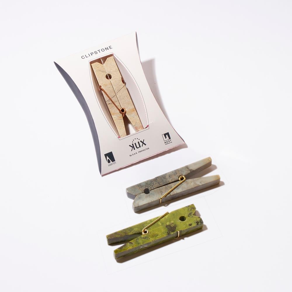 Large decorative clip made of natural stone. Ideal as a stone clip for decorating and organizing.

D.A.R. Proyectos' larger than life decorative clips are a playful twist on the familiar Laundry Clip.  The two arms of the clip are carved from one