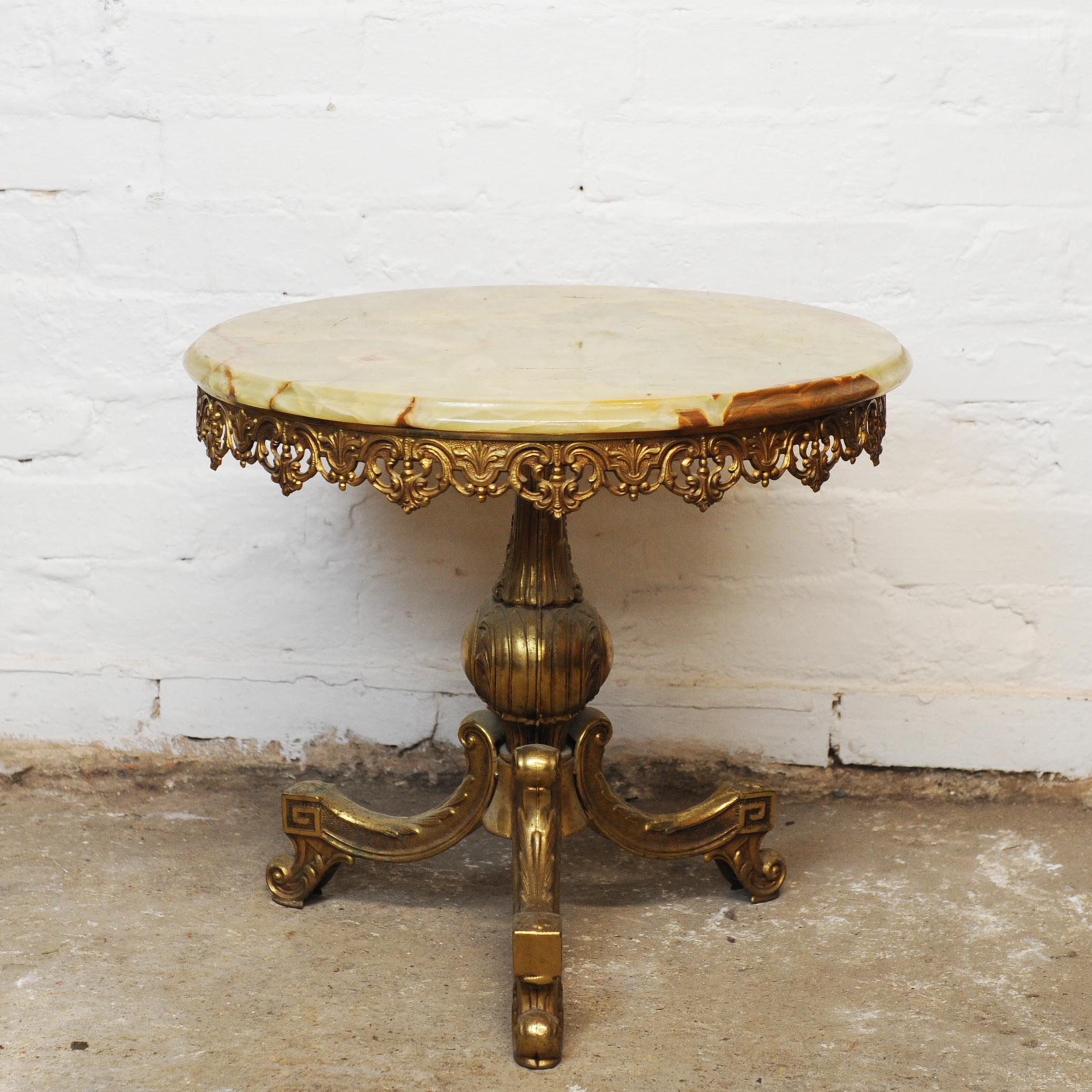 Hollywood Regency Decorative Gilt Brass and Round Marble Top Side Table, 1970s For Sale