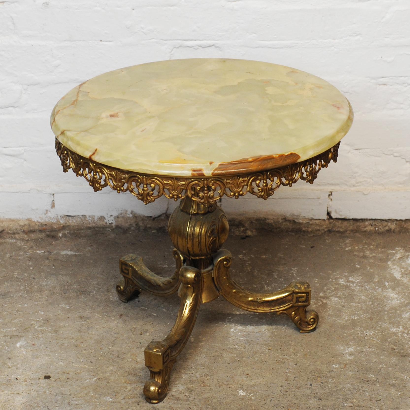 Late 20th Century Decorative Gilt Brass and Round Marble Top Side Table, 1970s For Sale