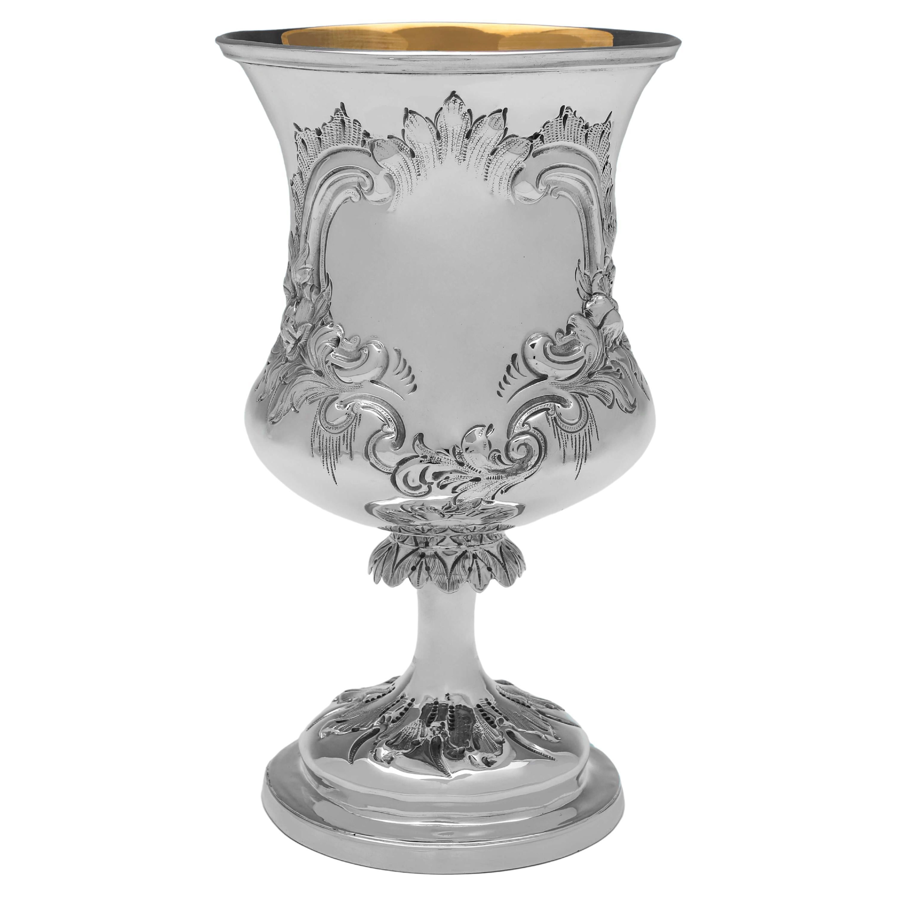 Decorative Gilt Interior Victorian Antique Sterling Silver Goblet, London 1861 For Sale