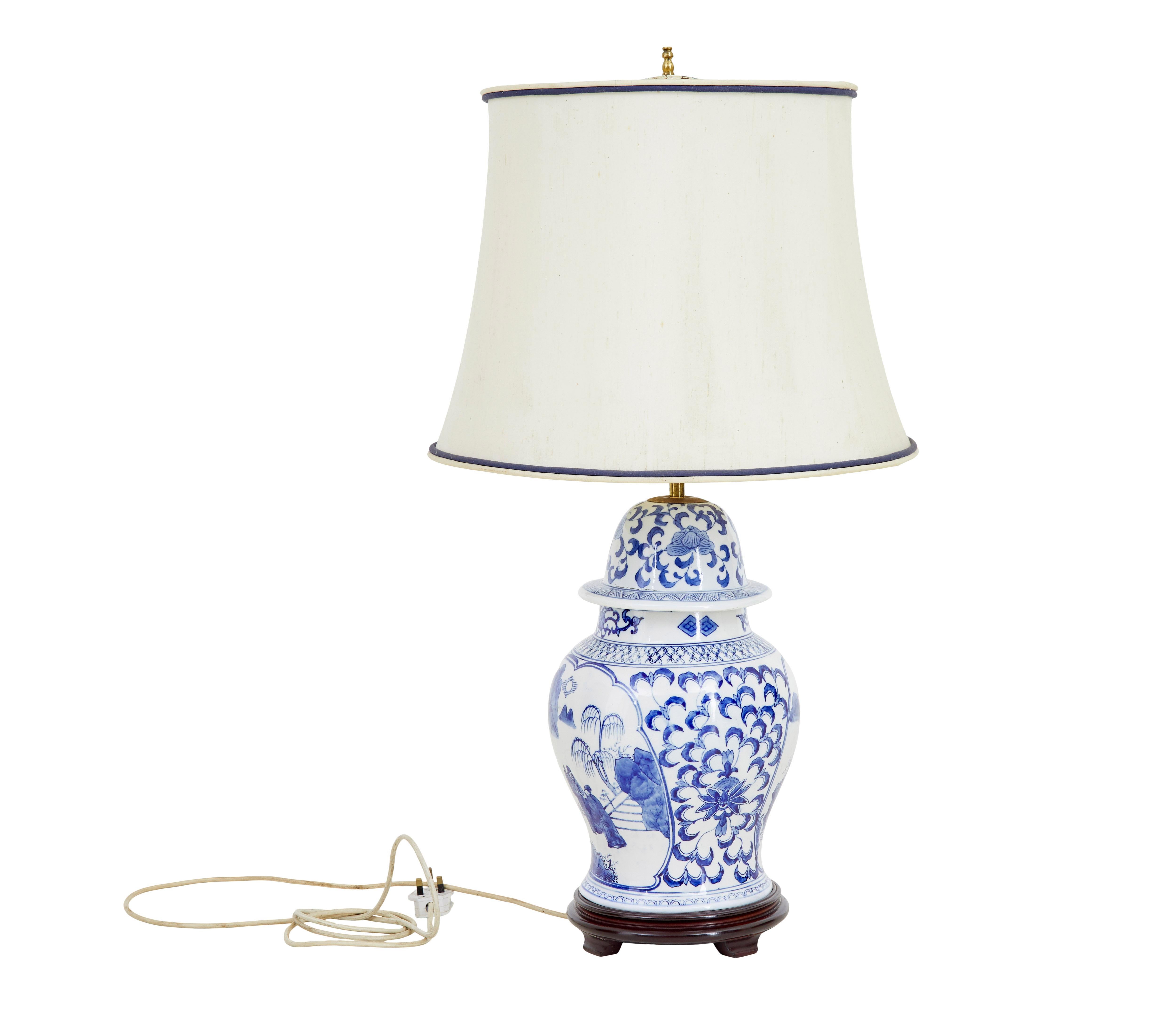 Decorative ginger jar table lamp circa 1970.

Here we have a mid 20th century Chinese export ginger jar that has been converted into a table lamp.  Double brass bulb holder with shade attachment.  Jar standing on carved wooden base.

We used this