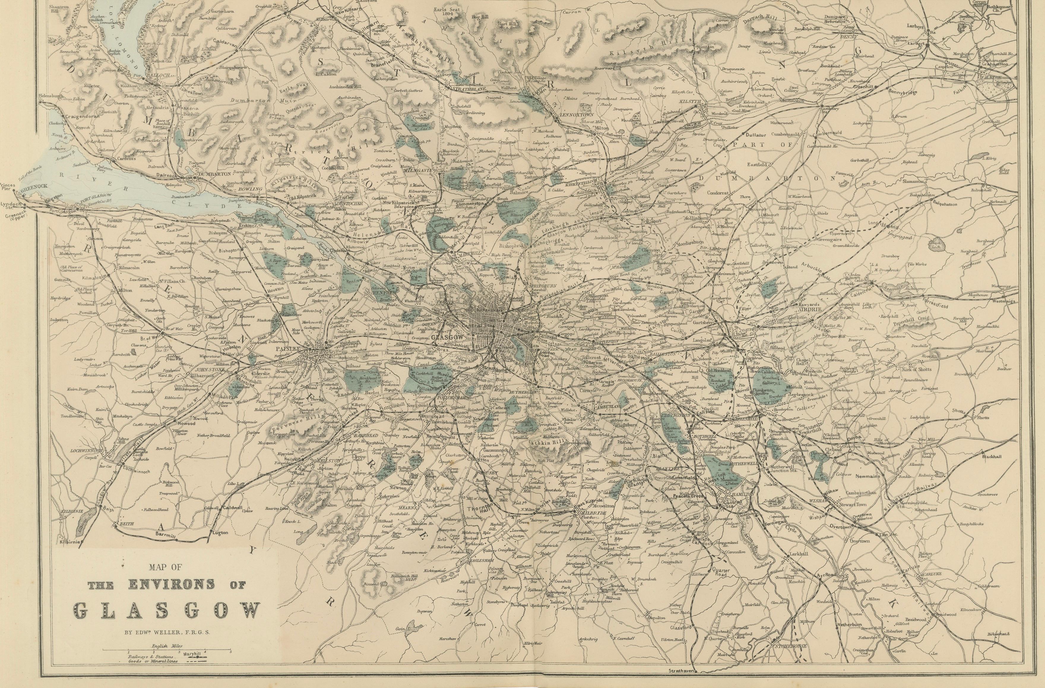 Decorative Glasgow Map, Victorian City and Surroundings Plan, 1885