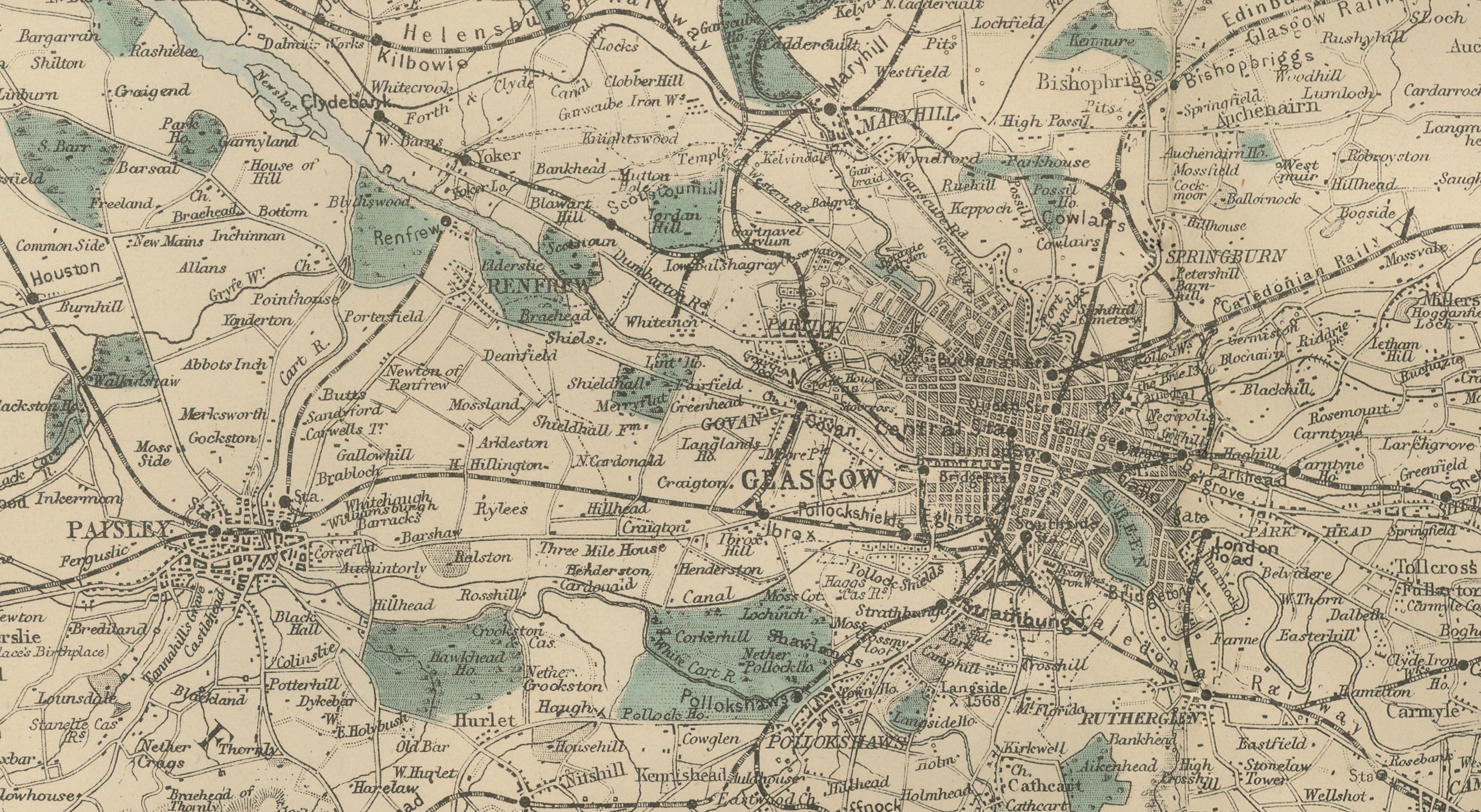 Decorative Glasgow Map, Victorian City and Surroundings Plan, 1885
