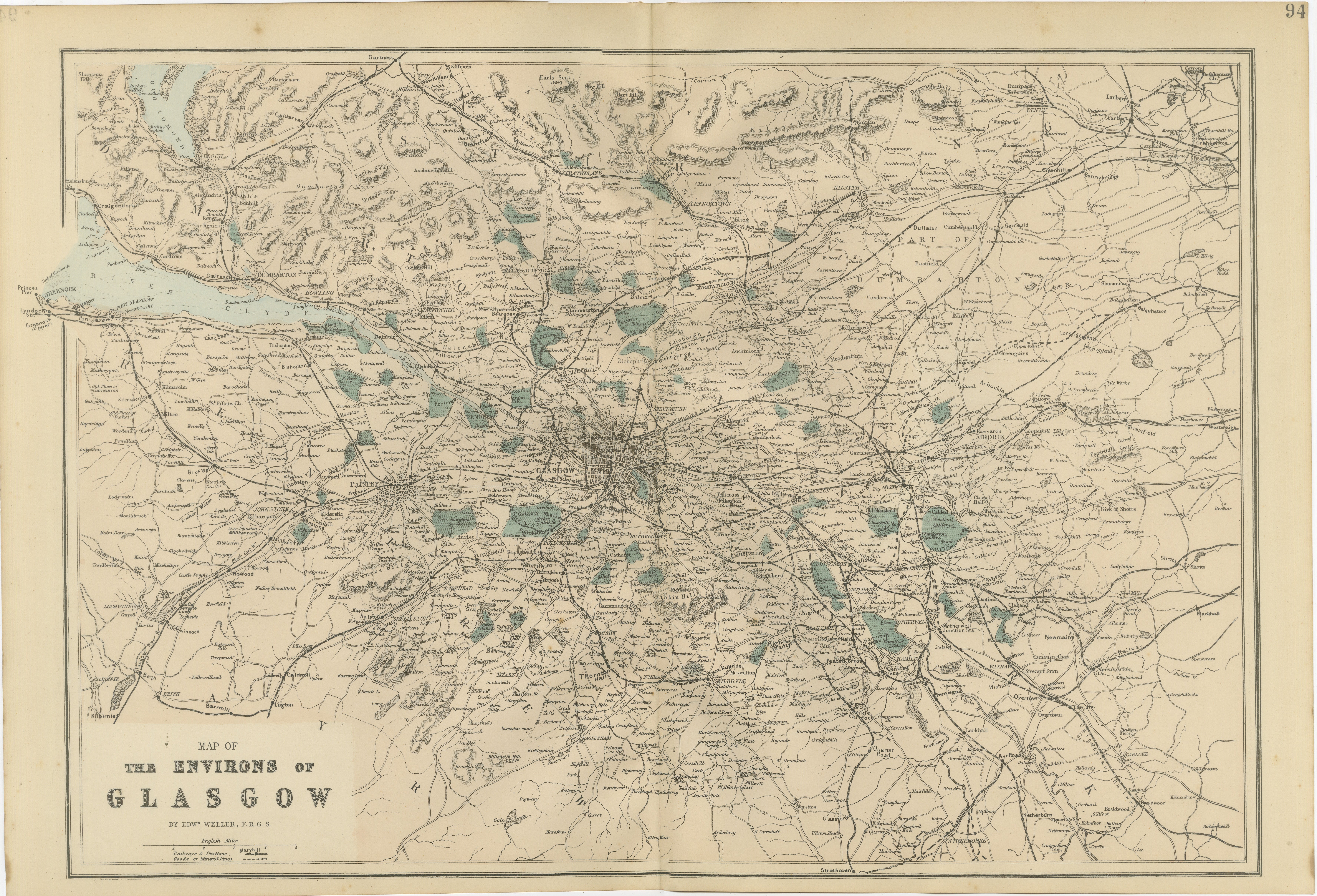 Decorative Glasgow Map, Victorian City and Surroundings Plan, 1885