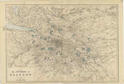 Decorative Glasgow Map, Victorian City and Surroundings Plan, 1885