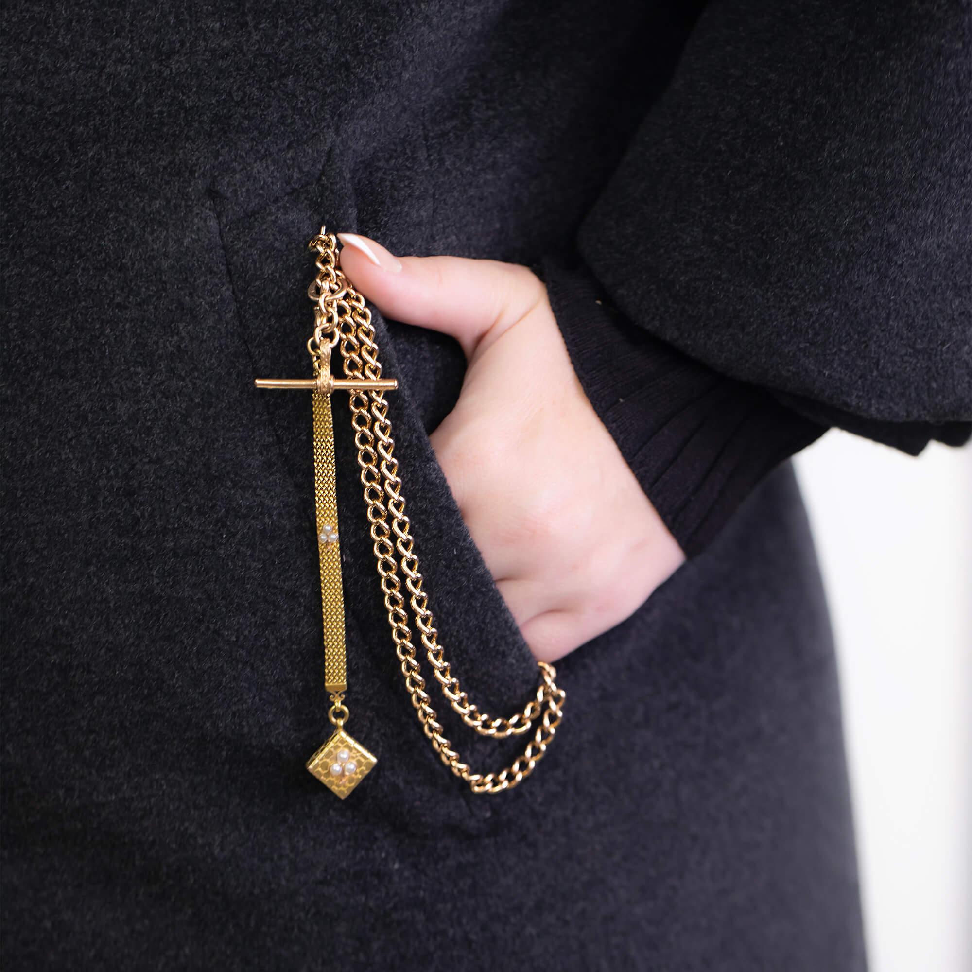 Round Cut Decorative Gold Fob with Pearl Set Charm Circa 1900 For Sale